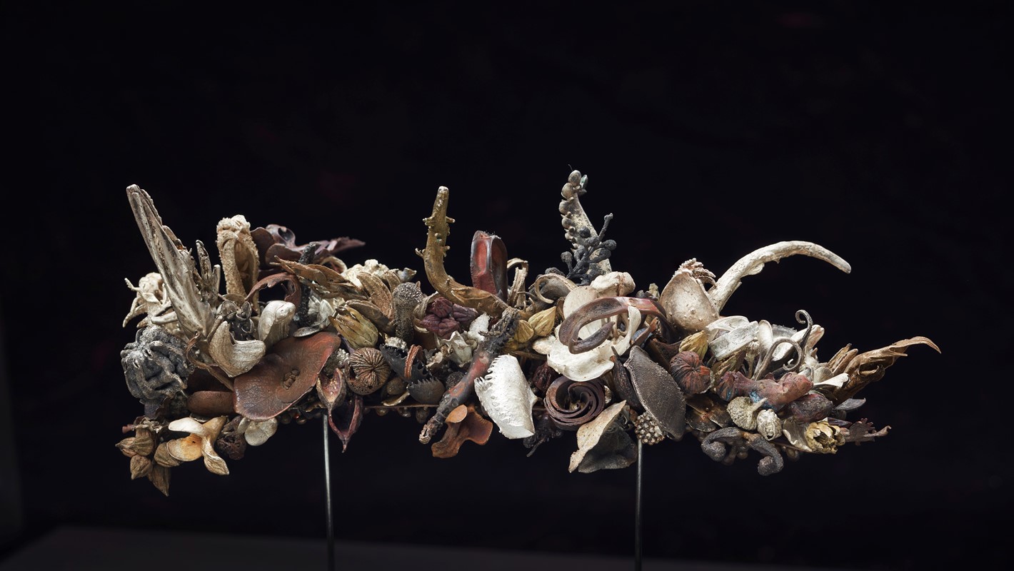 Sarah Elson, 390 Acts of Love, repurposed electrical cables, unwanted jewellery, and lemel - silver, copper, gold, aluminium. wood, glass, silver hinges, 20 x 33 x 33 cm.