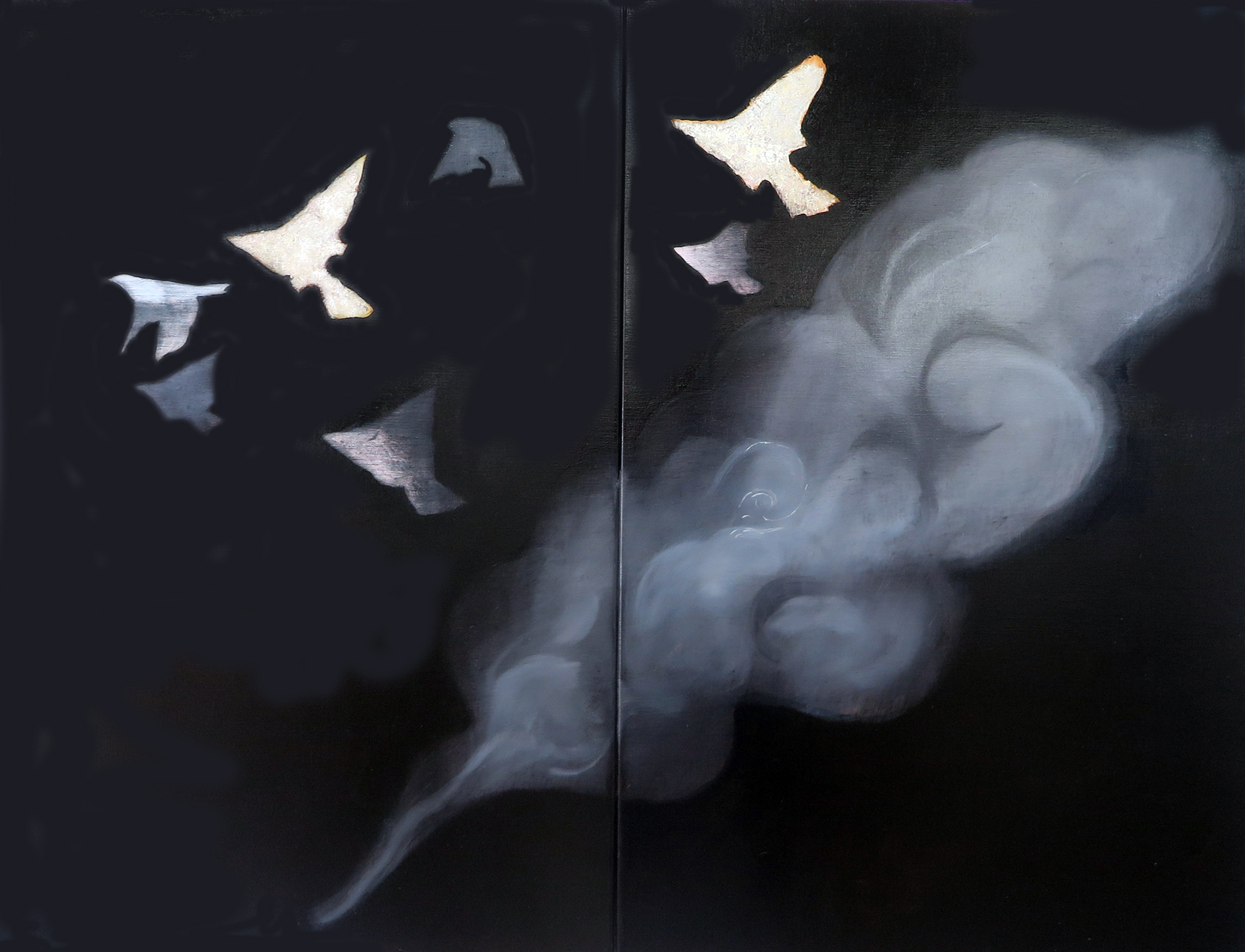 Paul Uhlmann, Continent of Smoke (Black Summer 2019-20), 2023, oil on canvas, 92 x 61cm (each, diptych)
