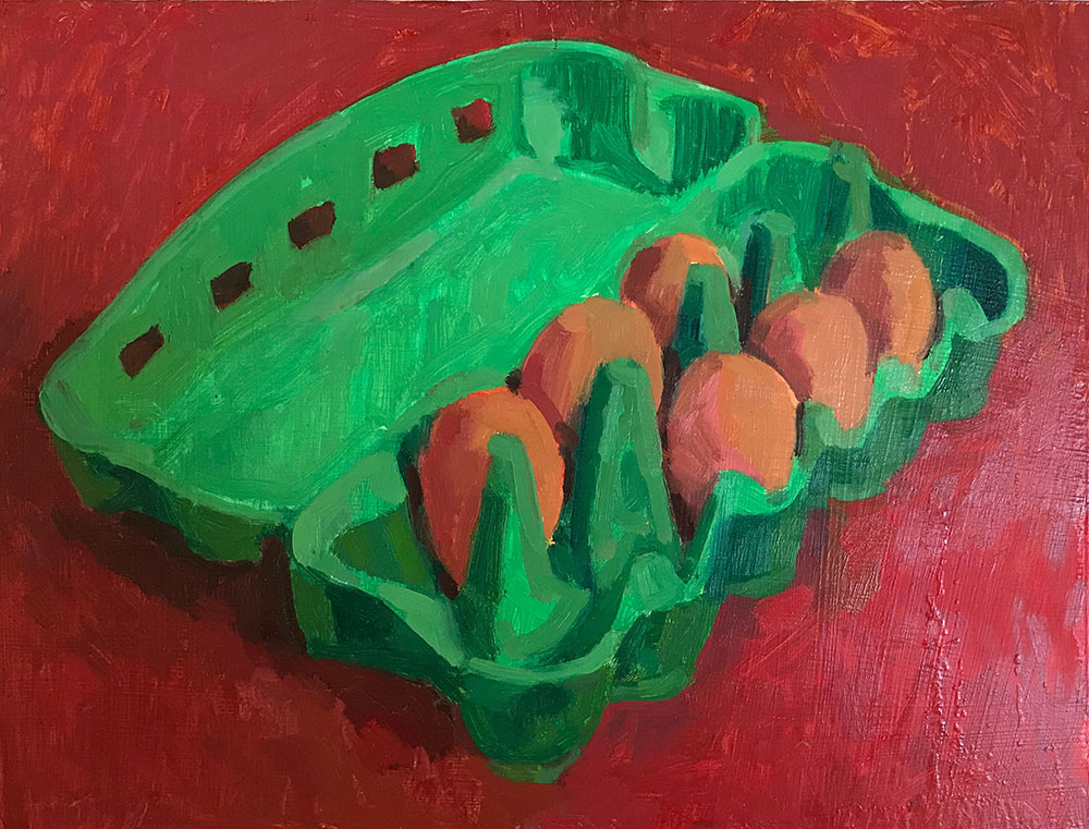 Jane Martin, Green Egg Carton, 2016, oil on board, 30 x 40cm