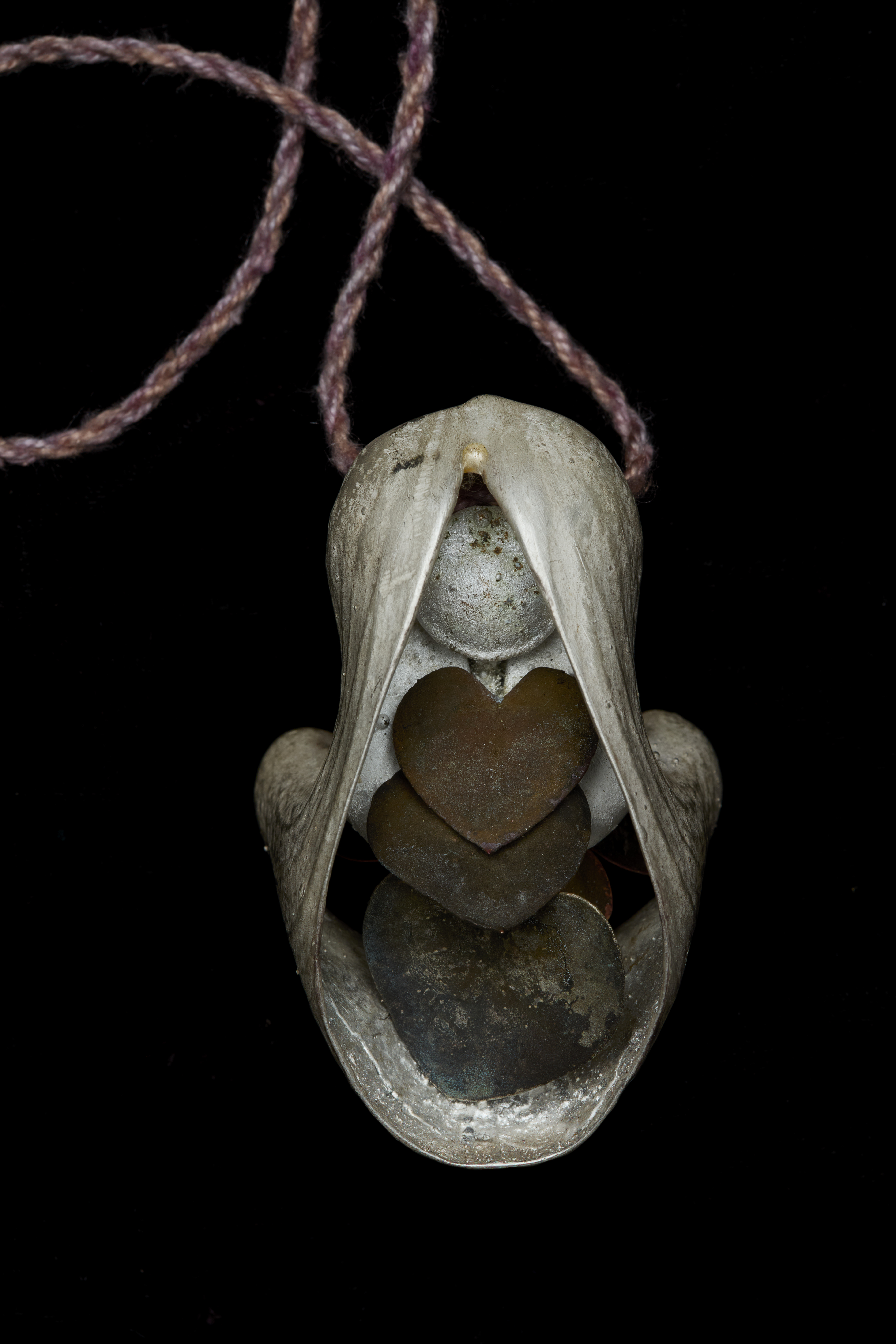 Sarah Elson, 'Pull the earth around me' 14, Paph Orchid Pendant, 2024, recycled silver and copper on hand-dyed silk 2 x 1.8 x 1.5cm
