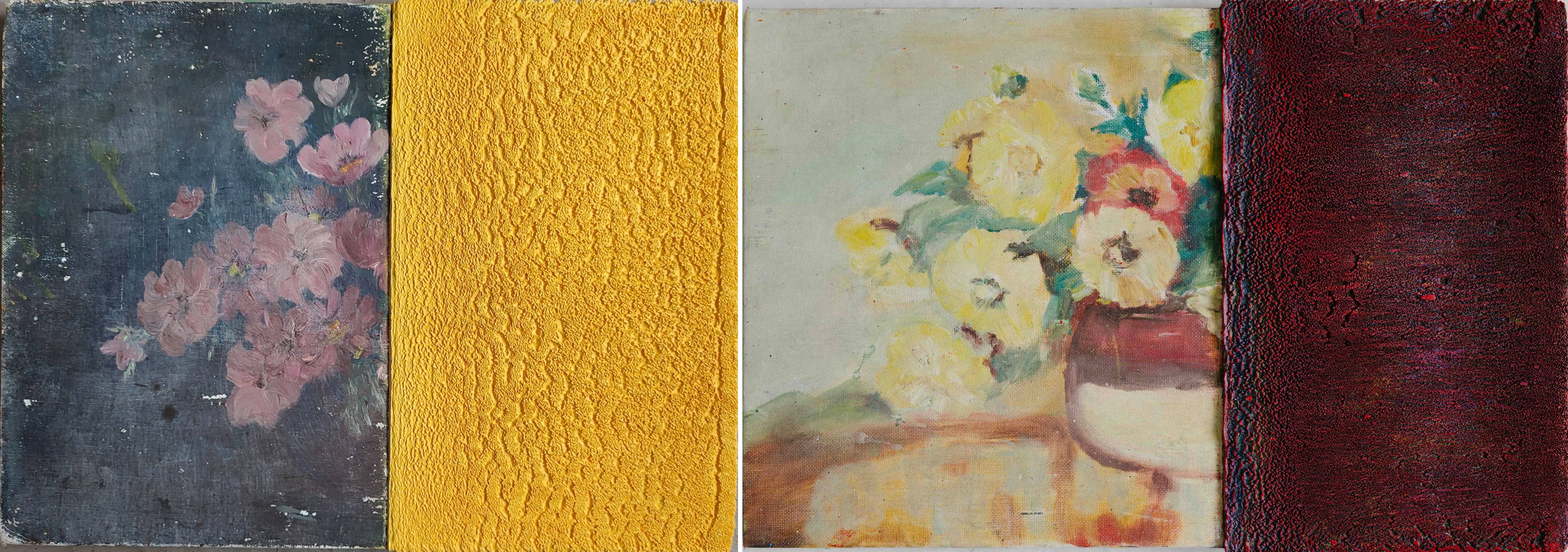Andre Lipscombe, Yellow Over Painting and Red Over Painting, 2016-2024, acrylic and oil on canvas board, 26 x 38 x 2.5cm each