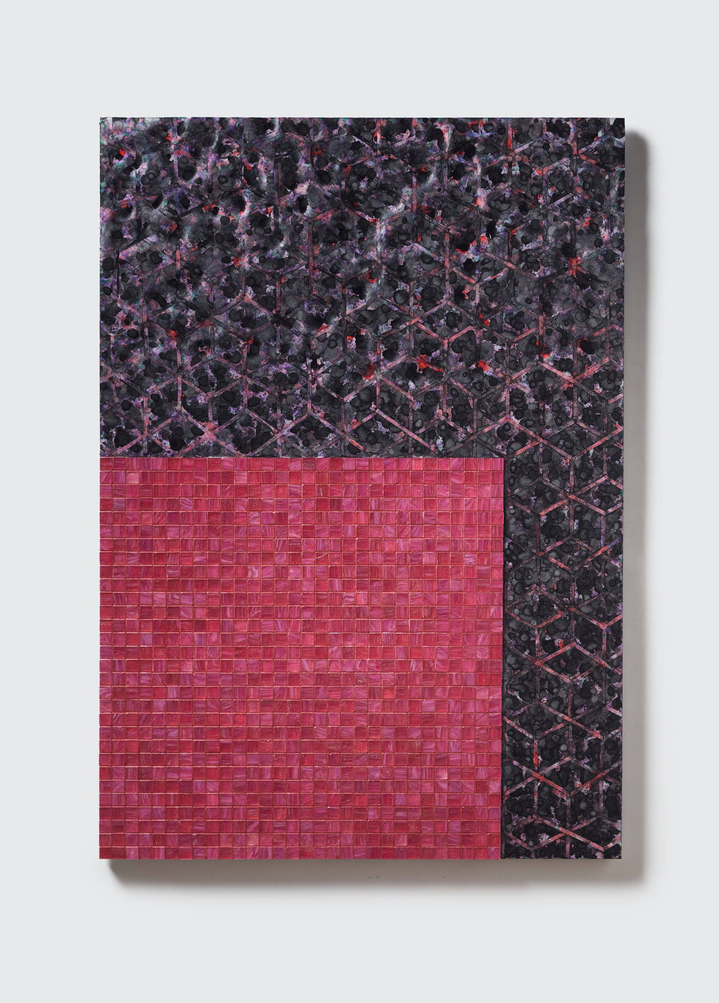 Jurek Wybraniec, Plan (Red corner), 2024, acrylic paint, glass mosaic and grout on aluminium honeycomb panel, 118.2 x 83.8 x 3.3cm