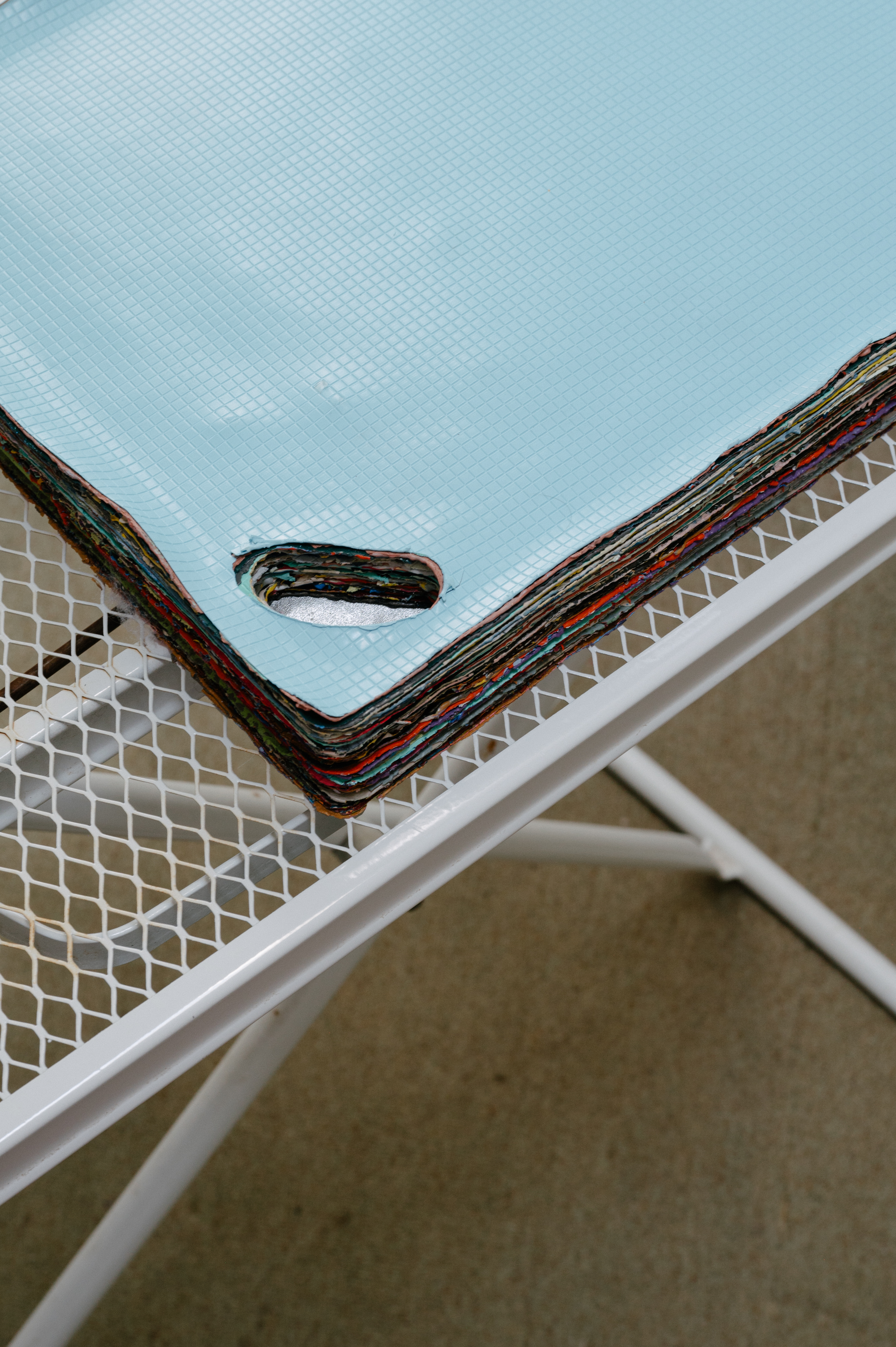 Andre Lipscombe, Cutting Board (detail), 2024, acrylic paint and repurposed steel table, 87 x 122 x 50cm