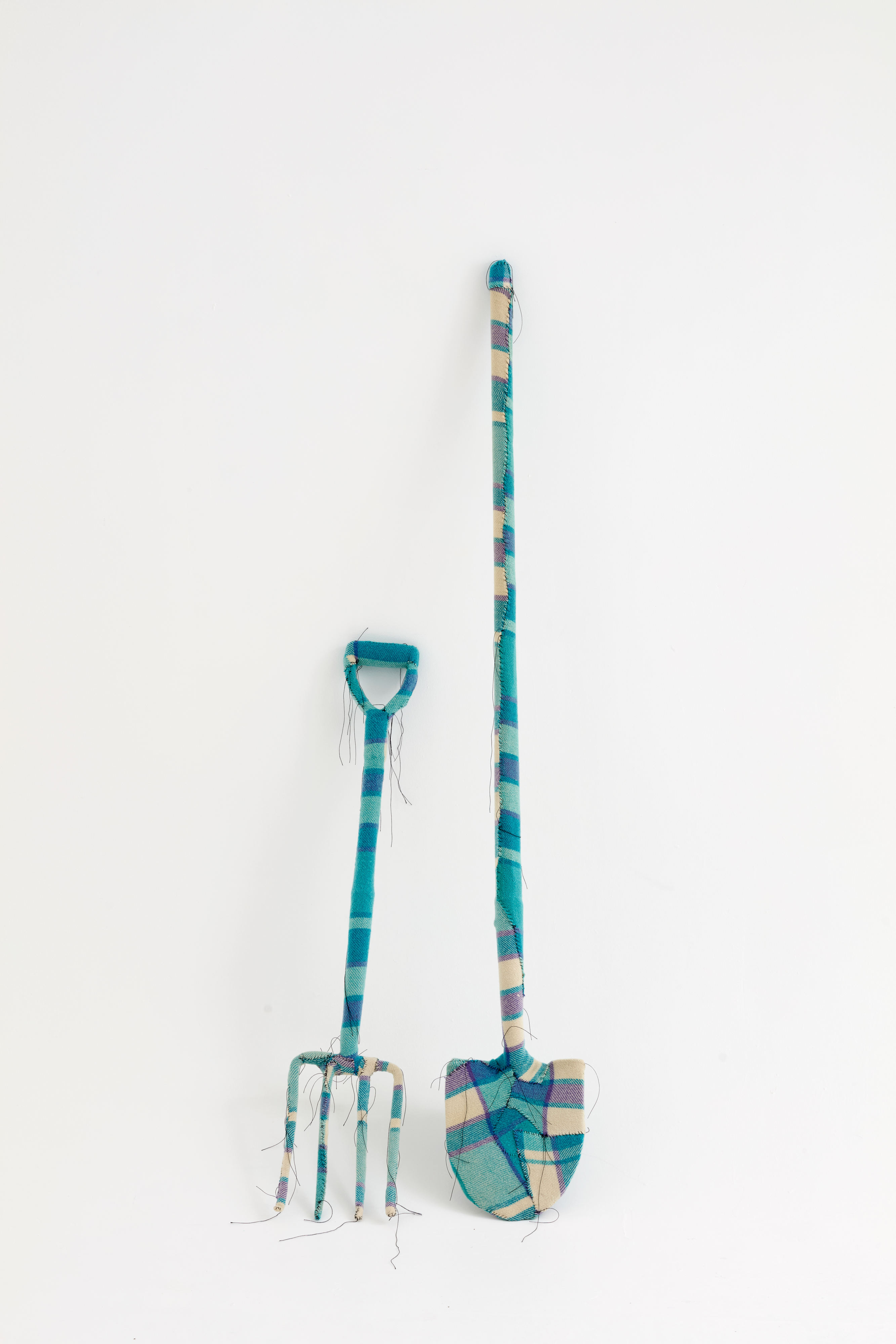 Olga Cironis, I Will Build You a Home II, 2024, repurposed garden tools, woollen blanket and cotton thread, varied dimensions