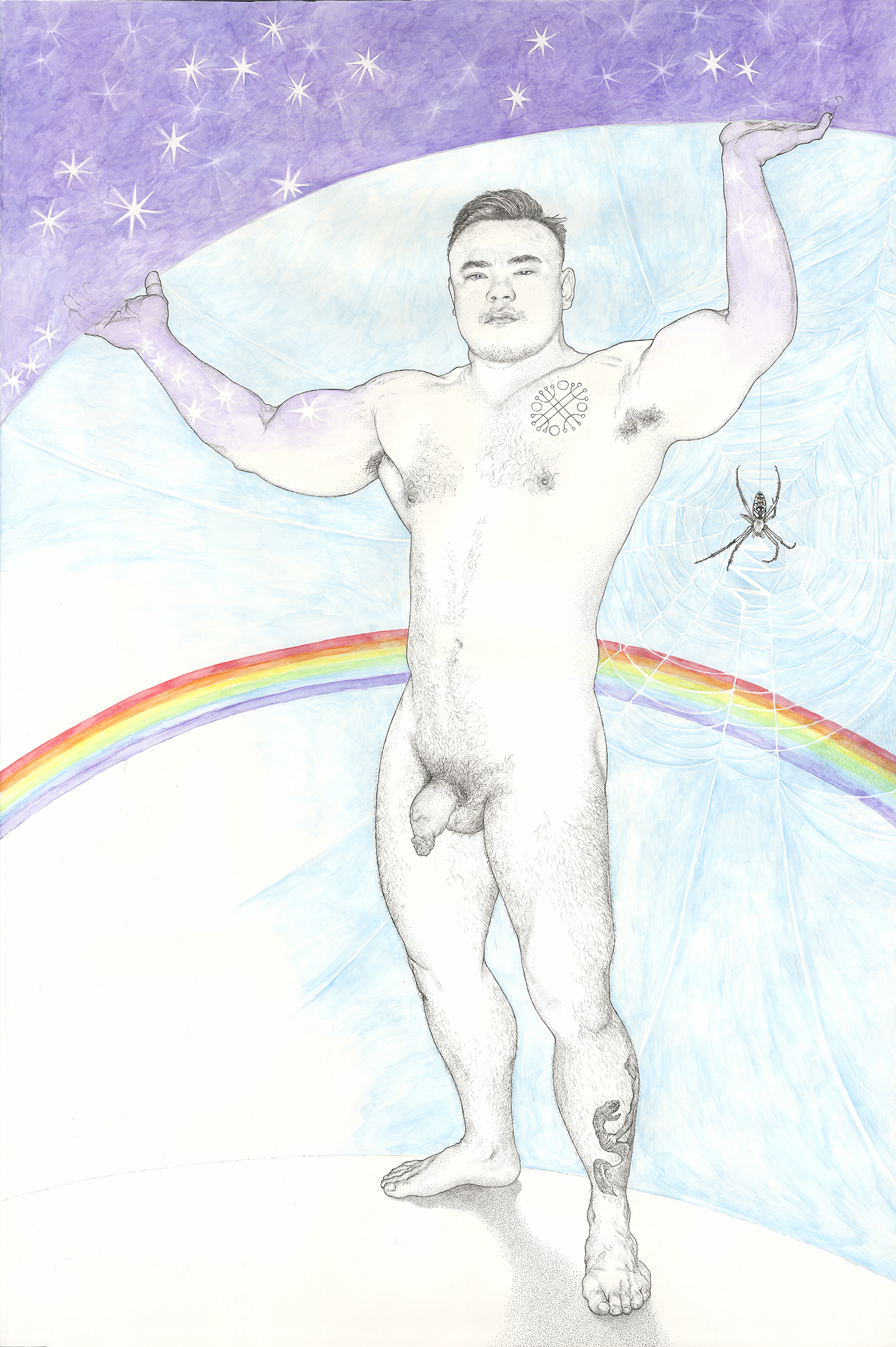 Andrew Nicholls, Invocation of Uranus (God of the Sky), 2025, archival black and silver ink and watercolour on paper, 172 x 114cm