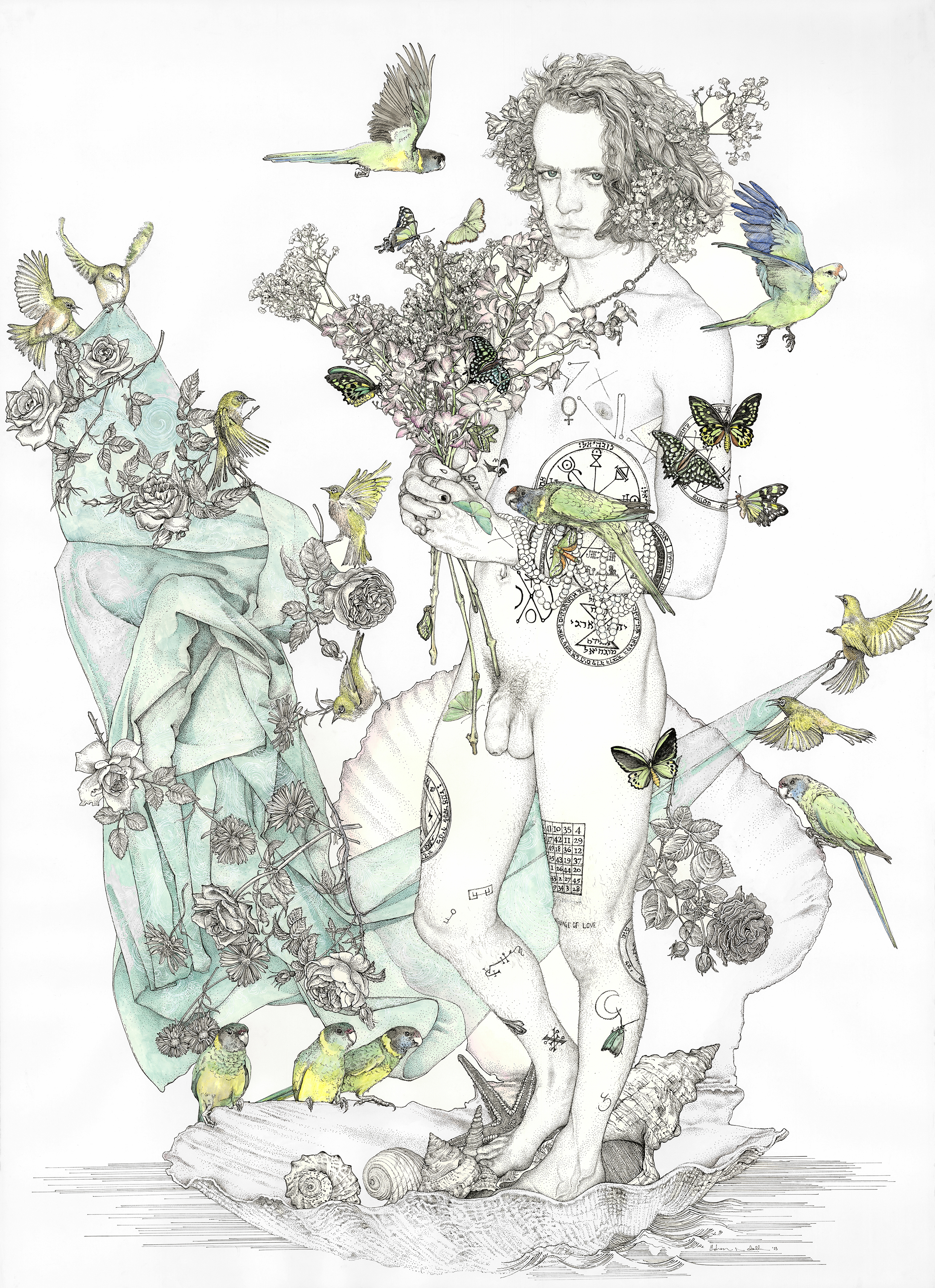 Andrew Nicholls, Invocation of Venus (Goddess of Beauty), 2023, archival ink pen, ink and watercolour on paper, 152 x 114cm