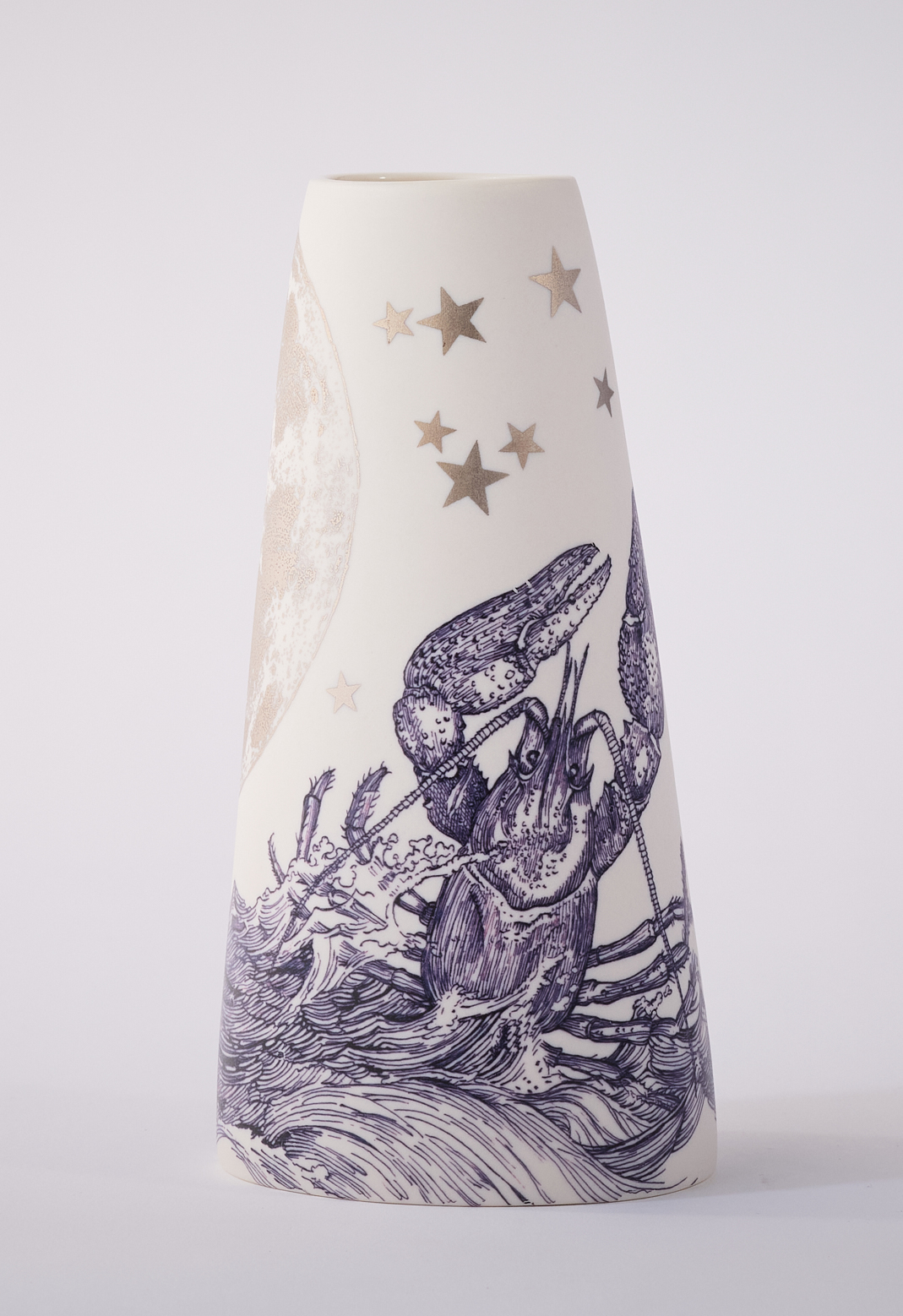 Andrew Nicholls and Sandra Black, Invocation of Luna (vase), 2025, decal and platinum lustre transfer on slipcast porcelain, 34 x 10 x 190cm (vase by Sandra Black)