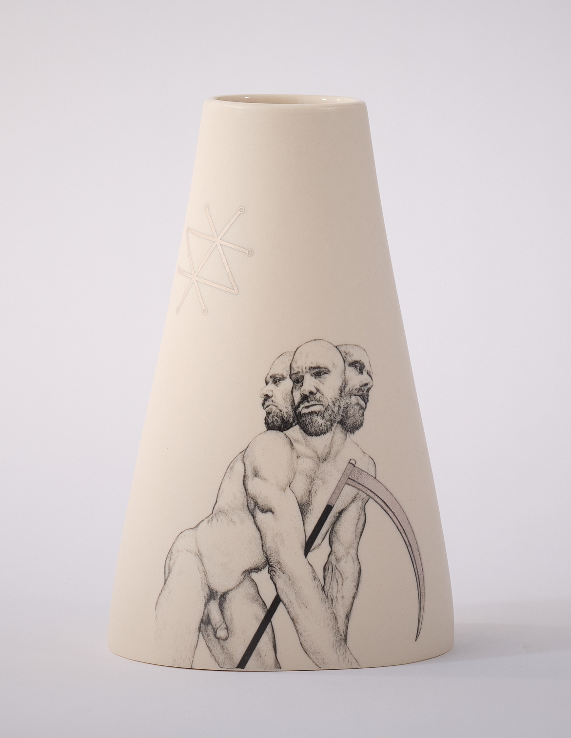 Andrew Nicholls and Sandra Black, Invocation of Saturn (vase), 2025, decal and platinum lustre transfer on slipcast porcelain, 17 x 10 x 8cm(vase by Sandra Black)