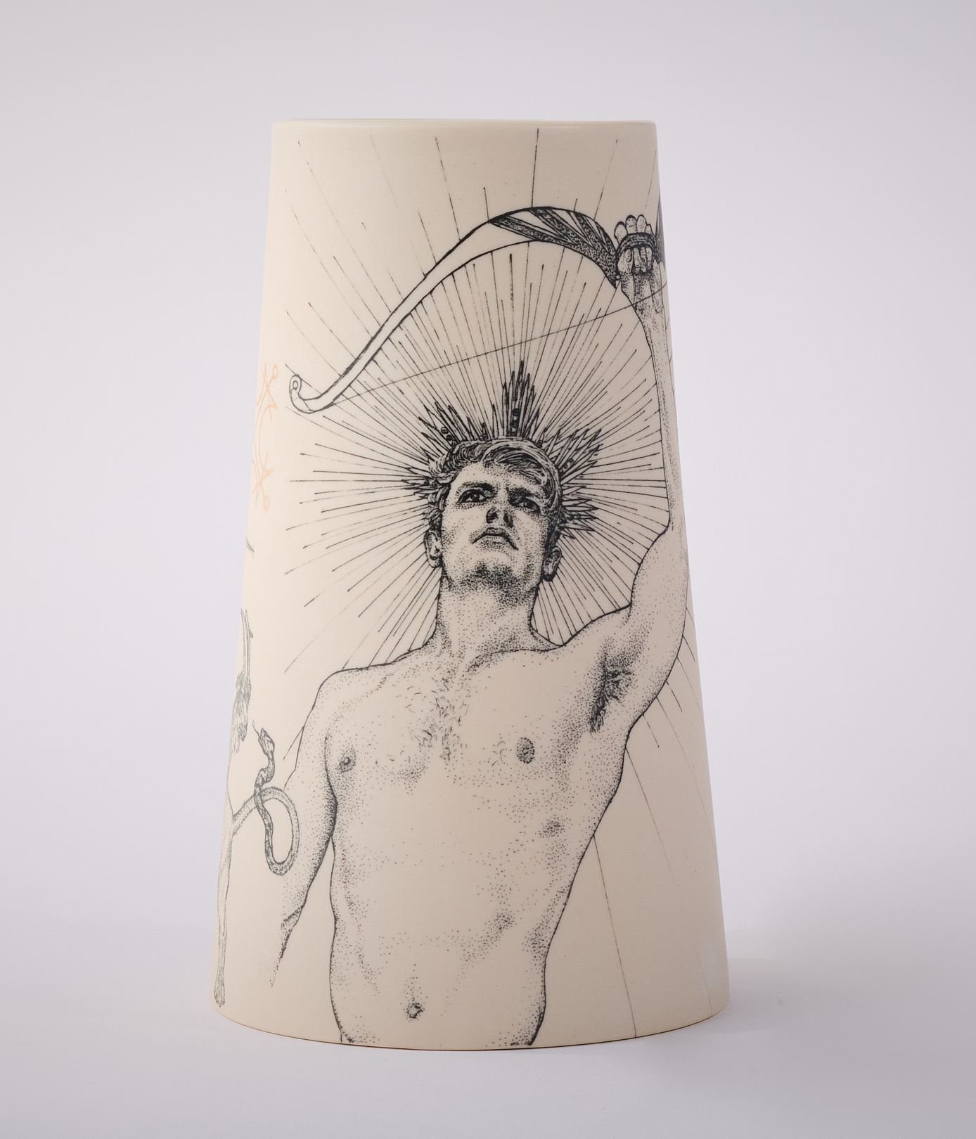 Andrew Nicholls and Sandra Black, Invocation of Sol (vase), 2025, decal and gold lustre transfer on slipcast porcelain, 17.5 x 10 x 10cm (vase by Sandra Black)