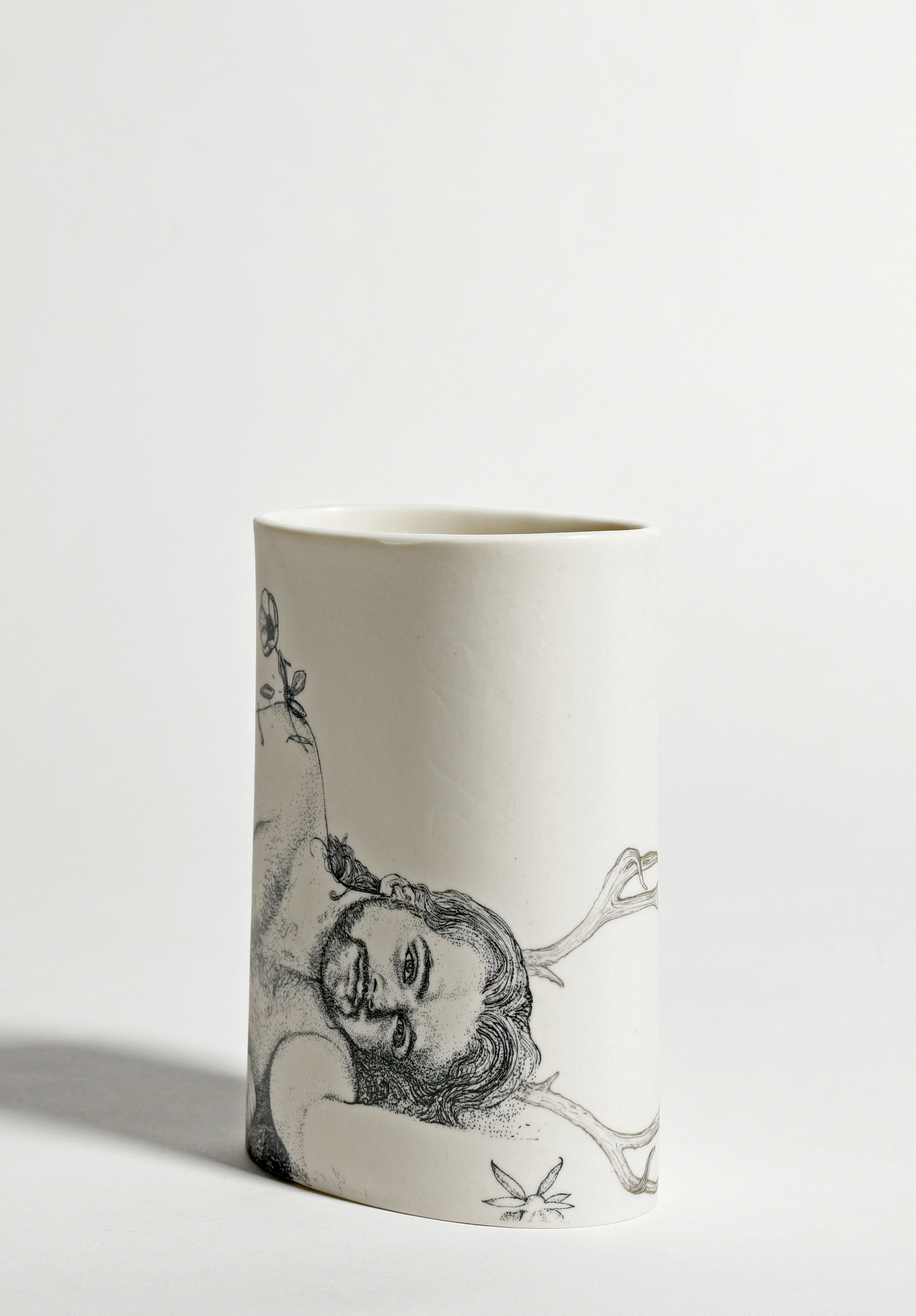 Andrew Nicholls and Sandra Black, Mars Recumbent (vase), 2023, decal transfer on porcelain, 12.5 x 11 x 5.5cm. Vase by Sandra Black