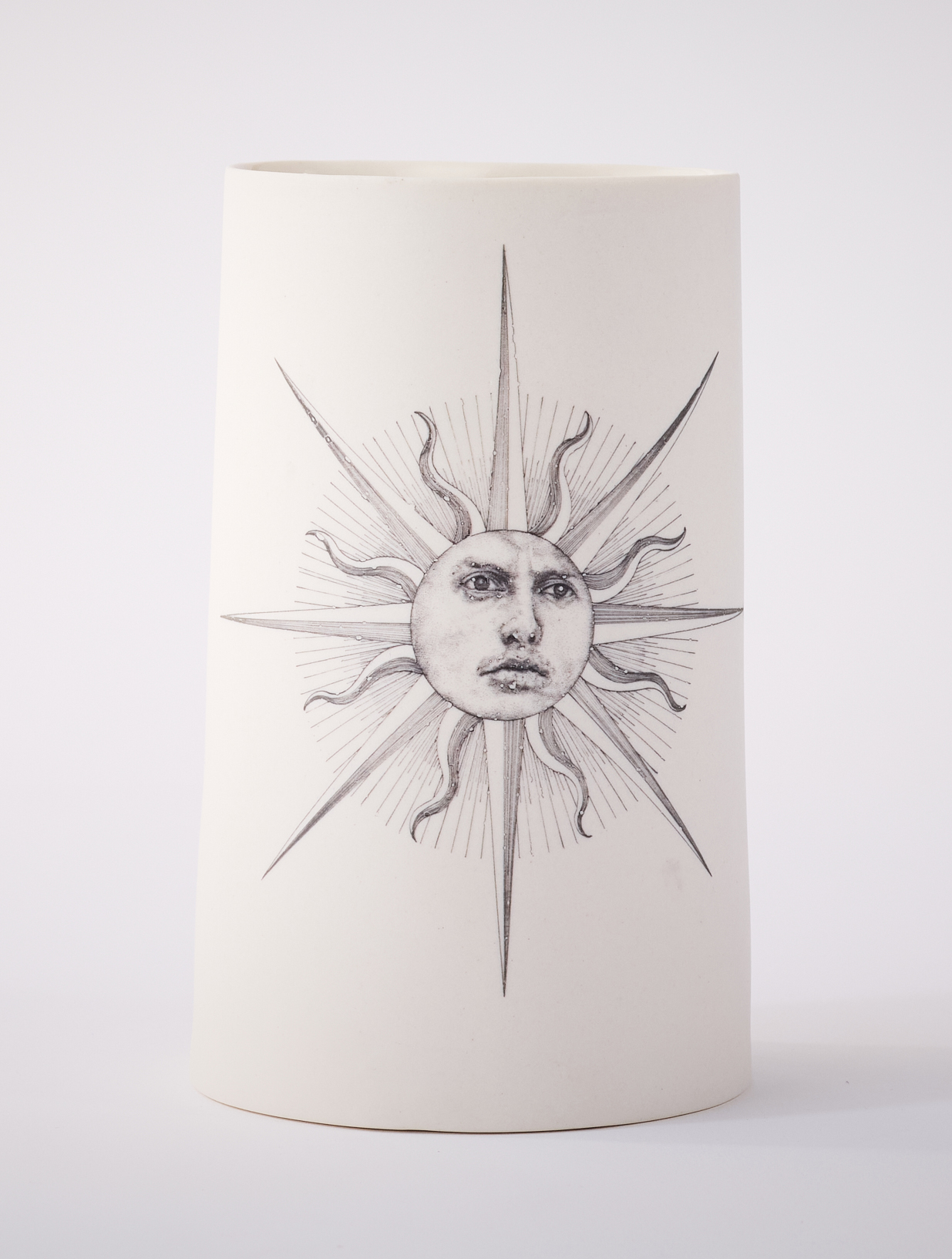 Andrew Nicholls and Sandra Black, Sun and Moon (vase), 2025, decal and platinum lustre transfer on slipcast porcelain, 16.5 x 10 x 10cm (vase by Sandra Black)