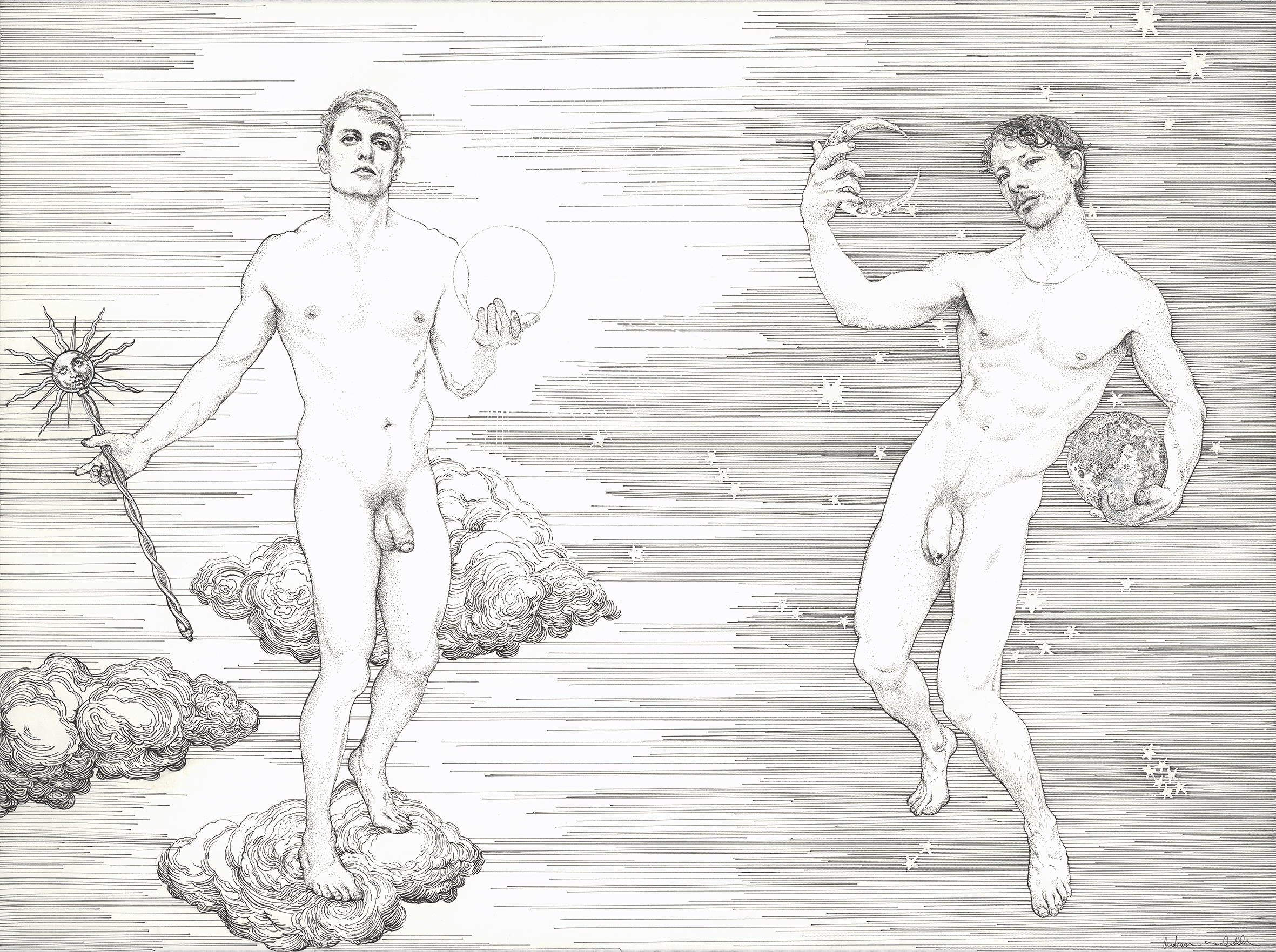 Andrew Nicholls, Conjunction of Sol and Luna, 2024, archival ink and watercolour on paper, 57 x 76cm