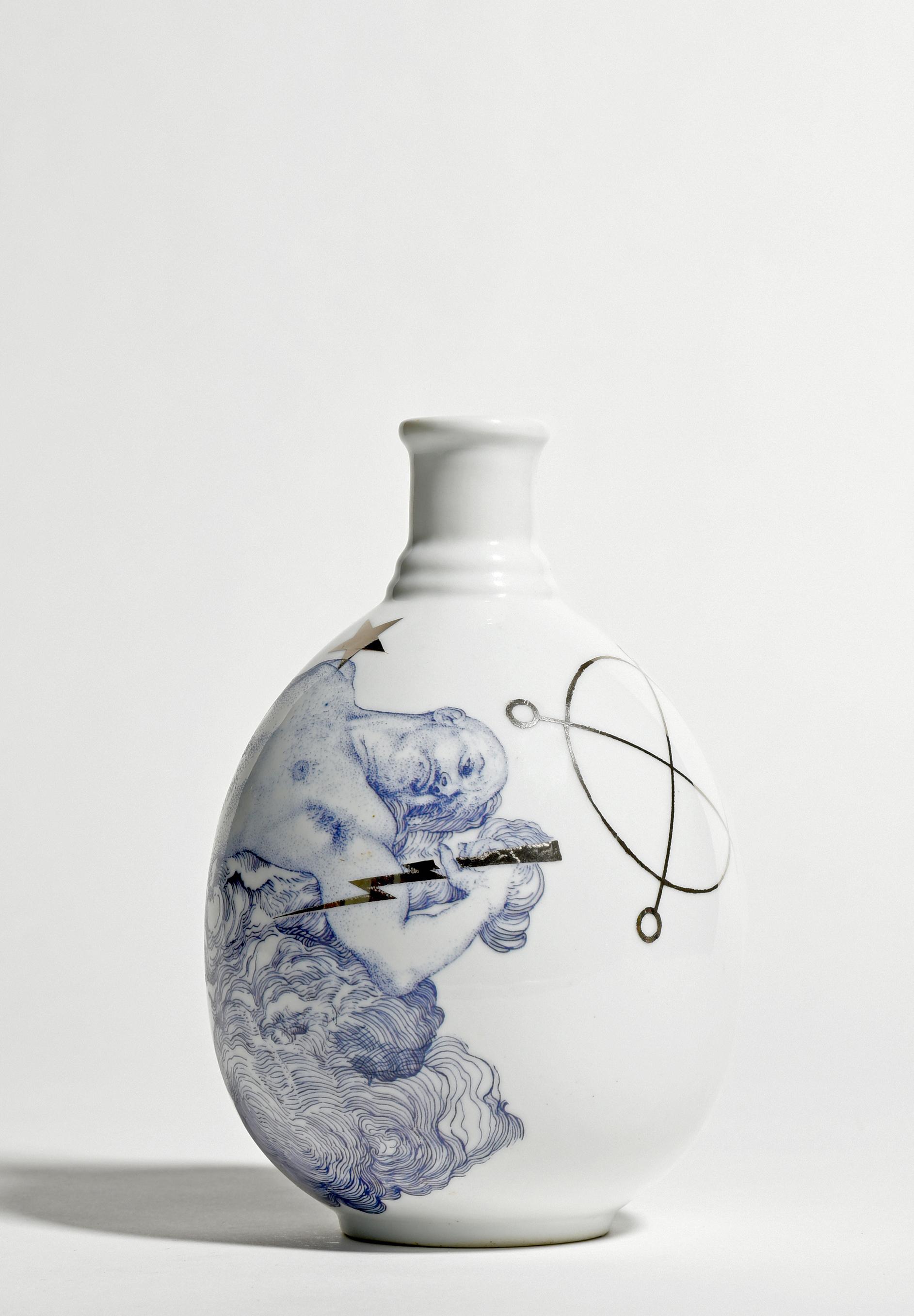 Andrew Nicholls, Invocation of Jupiter (bottle), 2023, decal transfer and platinum luster on found Jingdezhen porcelain, 16.5 x 11.5 x 11.5cm