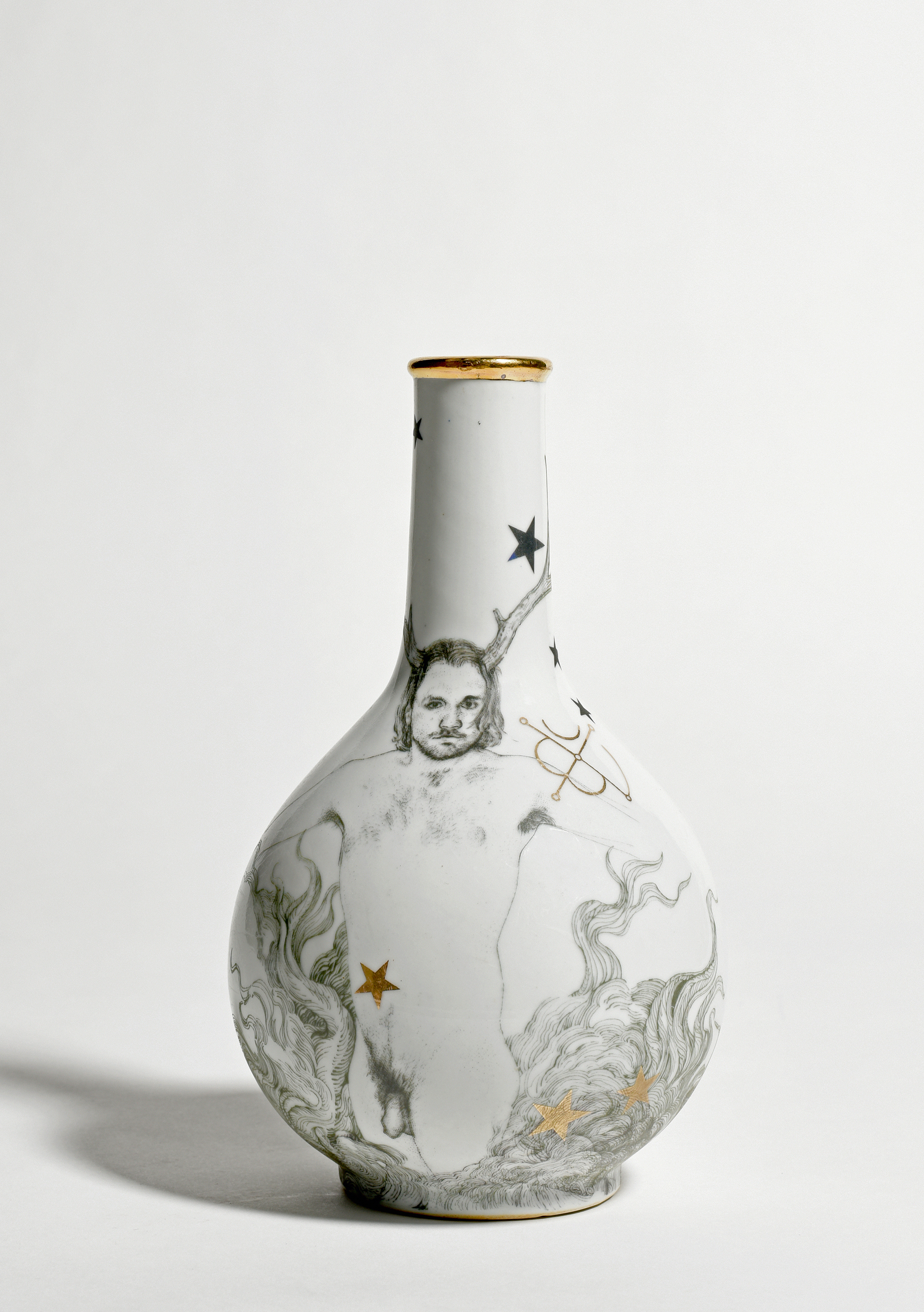 Andrew Nicholls, Invocation of Mars (bottle), 2023, decal transfer and gold lustre on found Jingdezhen porcelain, 21 x 13 x 13cm