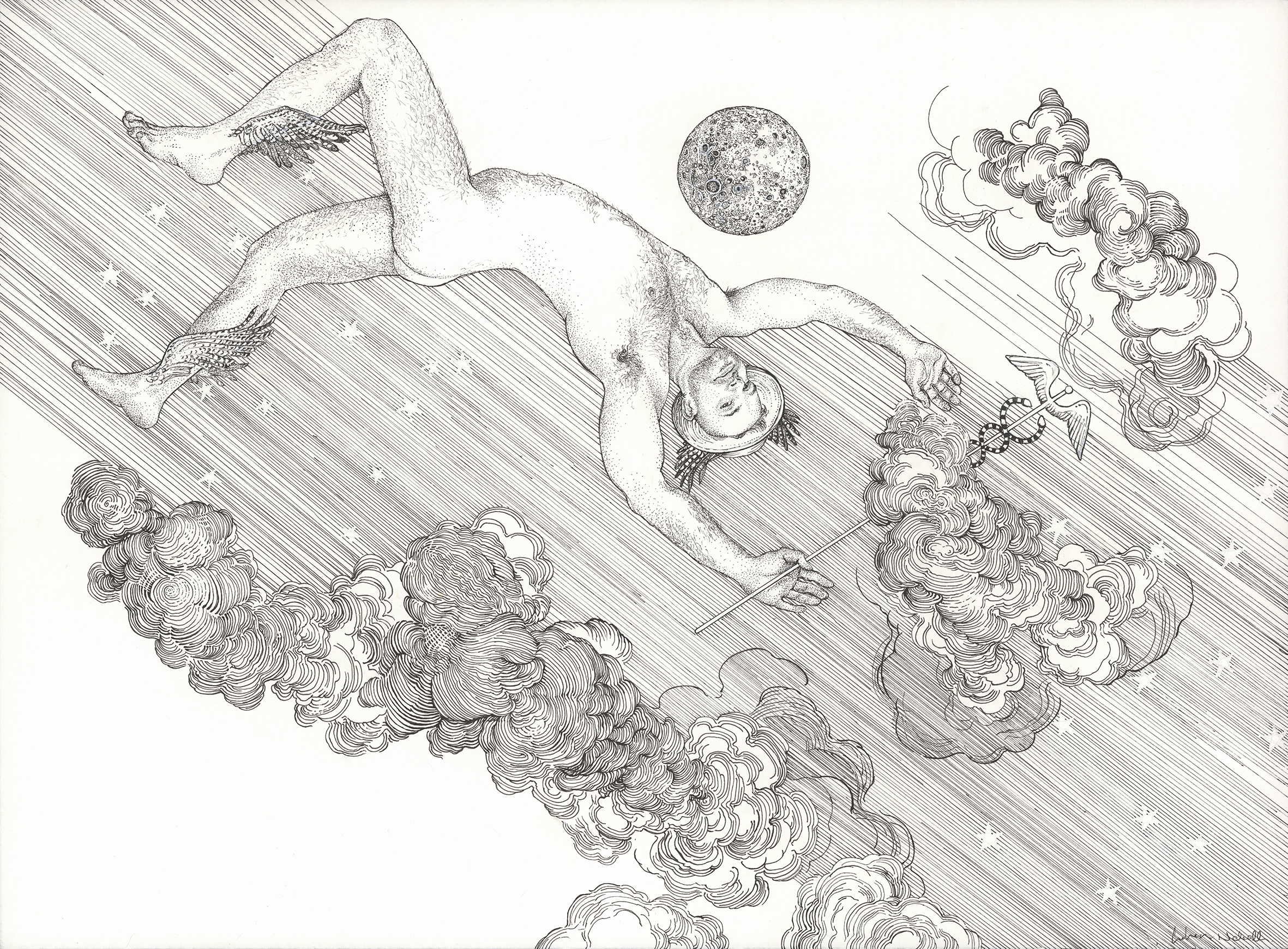 Andrew Nicholls, Invocation of Mercury, 2024, archival ink and watercolour on paper, 57 x 76cm