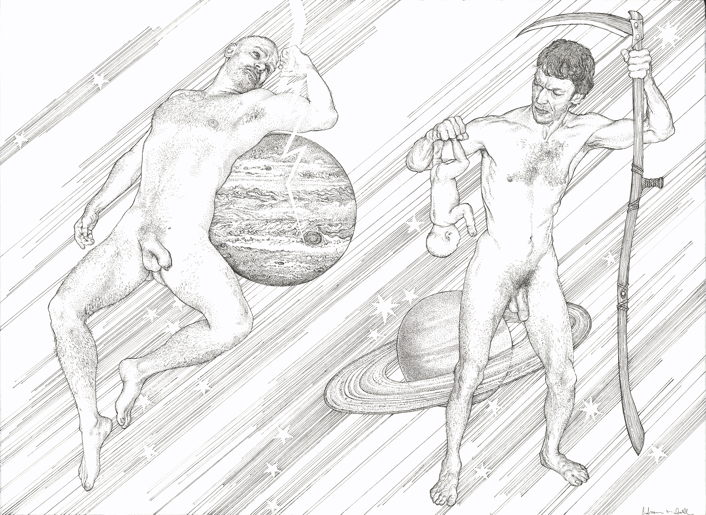 Andrew Nicholls, Conjunction of Jupiter and Saturn, 2025, archival ink pen aon paper, 57 x 76cm