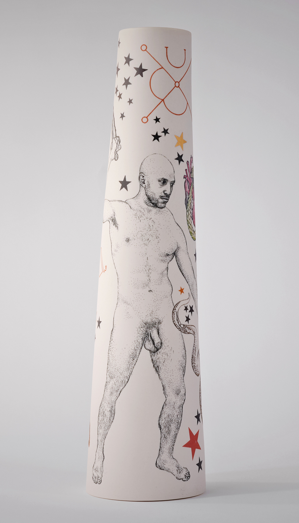 Andrew Nicholls and Sandra Black, Invocation of Mars Vase, 2025, decal and gold lustre transfer on slipcast porcelain (vase by Sandra Black), 39 x 10 x 10cm