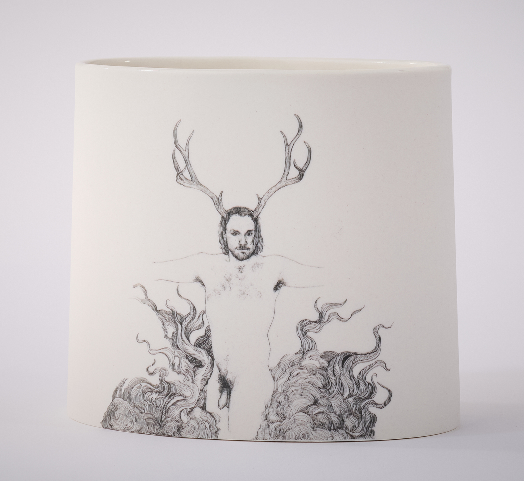 Andrew Nicholls and Sandra Black, Invocation of Mars Vase, 2025, decal transfer on porcelain (vase by Sandra Black), 13 x 14 x 8.5cm