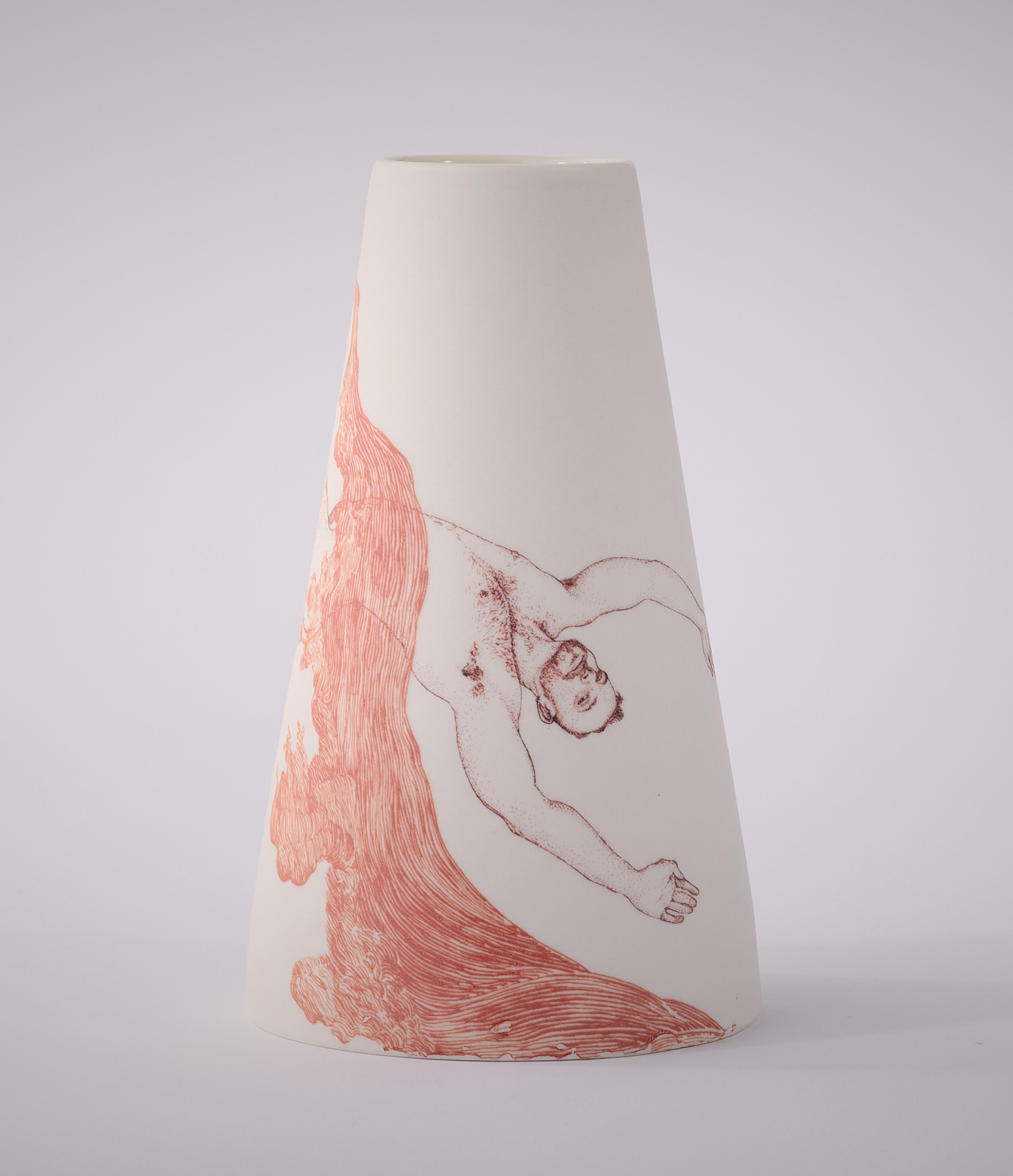 Andrew Nicholls and Sandra Black, Invocation of Mercury Vase, 2025, decal transfer on slipcast porcelain (vase by Sandra Black), 16 x 9.5 x 9.5cm