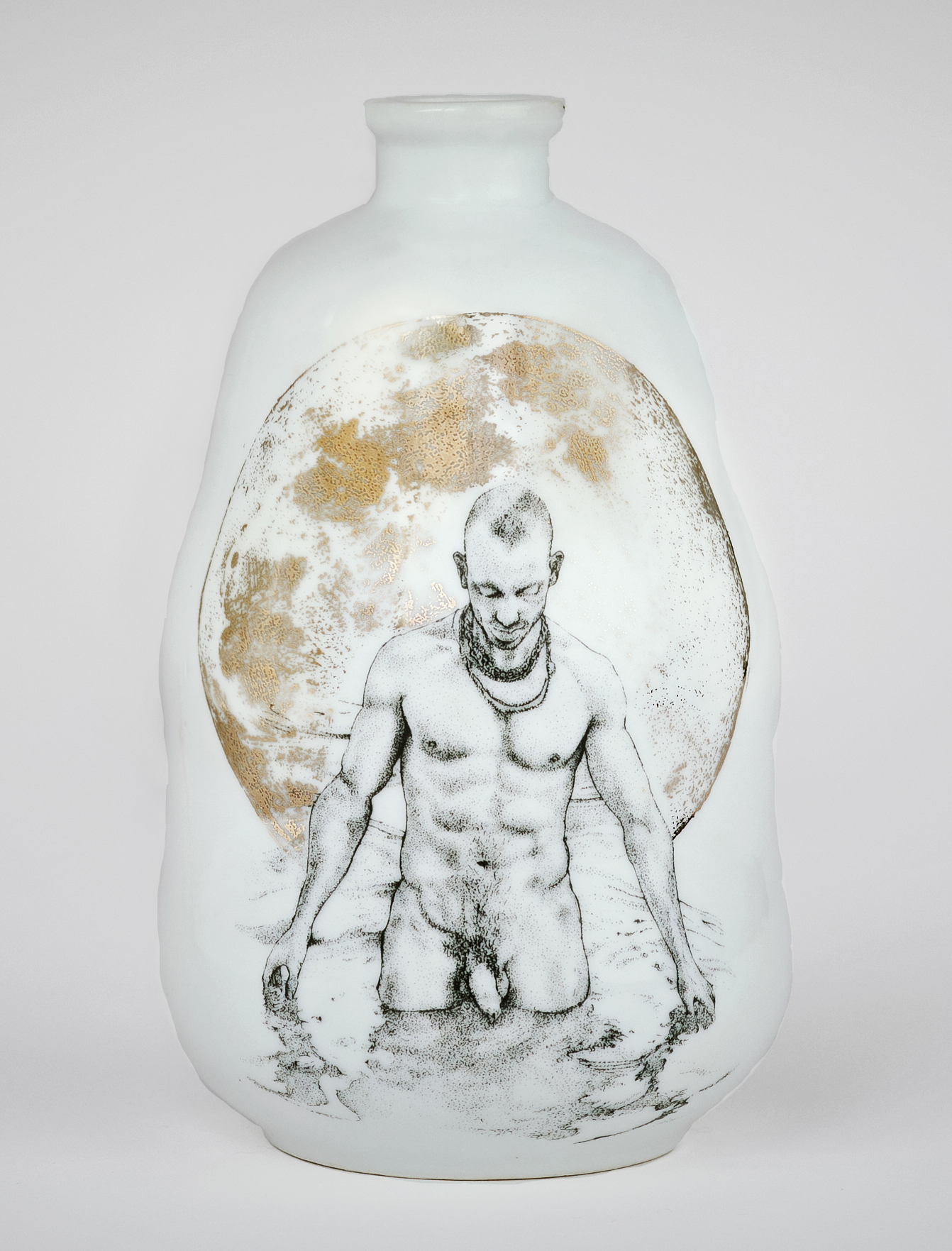 Andrew Nicholls, Invocation of Luna Bottle, 2025, decal transfer and platinum lustre on found Jingdezhen porcelain, 17 x 10 x 10cm