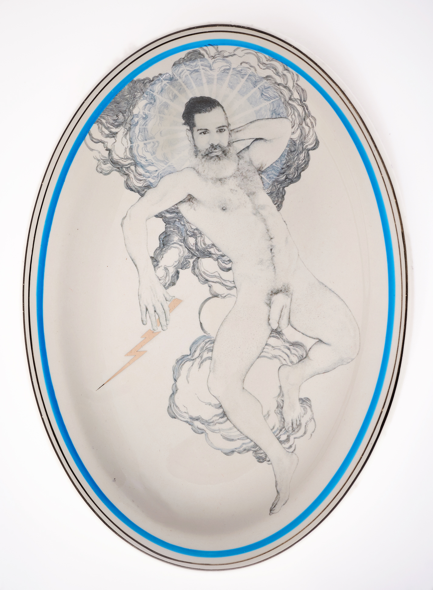Andrew Nicholls, Jupitarian Offering Platter, 2025, decal and platinum lustre transfer on repurposed Bristille vitrified porcelain platter, 27 x 19.5 x 2cm