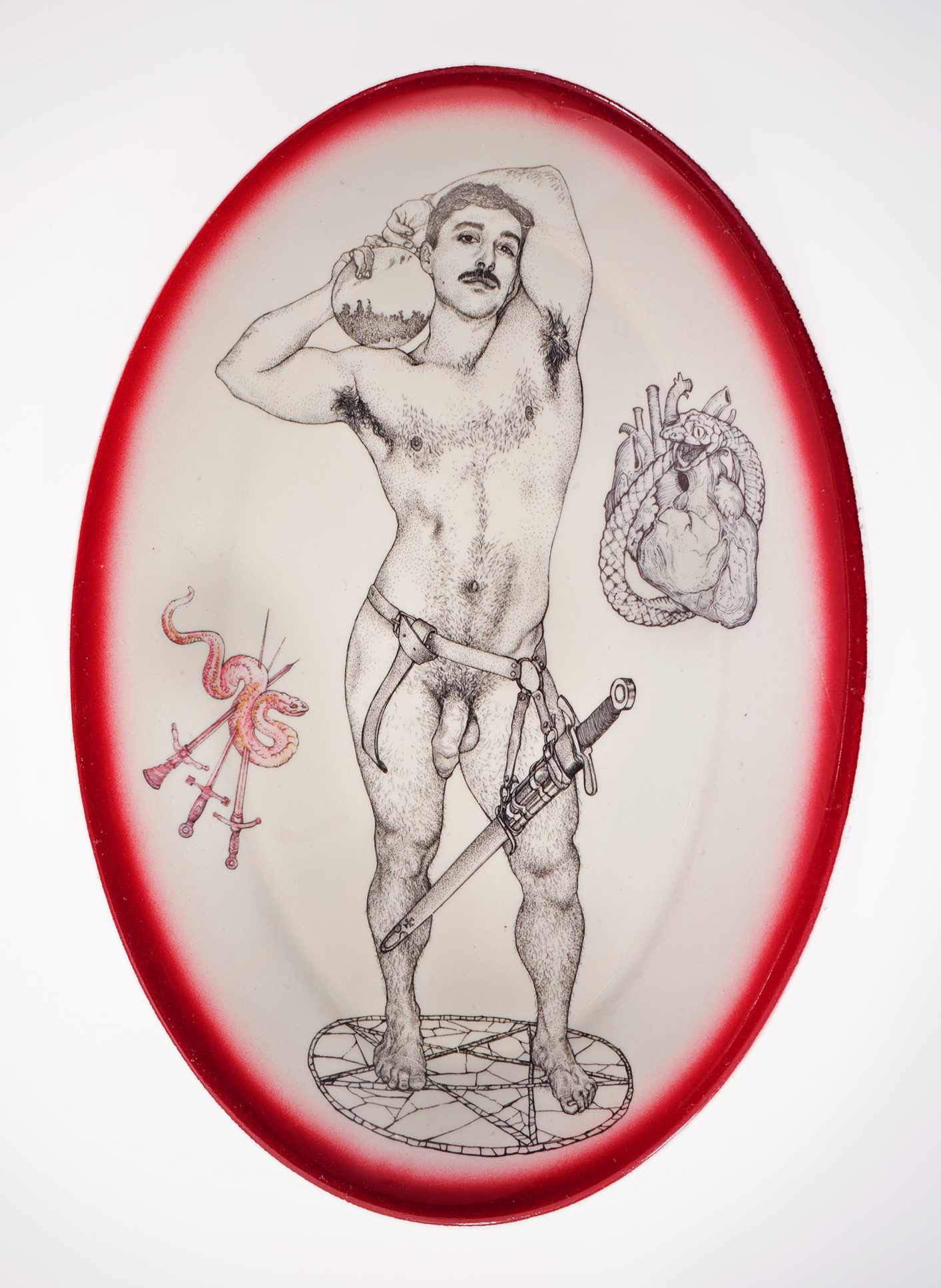 Andrew Nicholls, Martial Offering Platter, 2025, decal transfer on repurposed Homer Lauchlin platter, 34 x 24 x 3.5cm