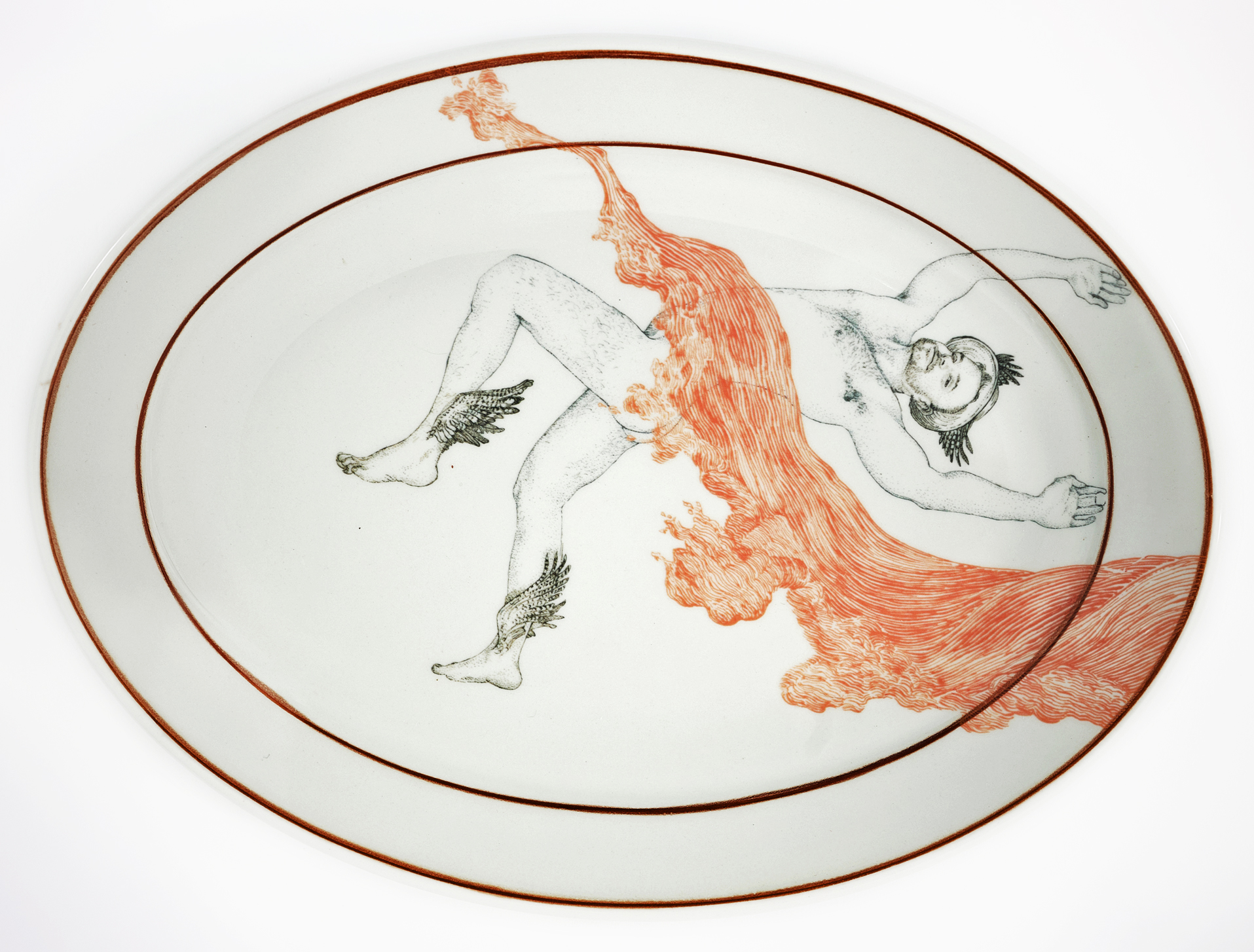 Andrew Nicholls, Mercurial Offering Platter, 2025, decal transfer on repurposed Bristille vitrified porcelain platter, 29 x 21.5 x 3cm
