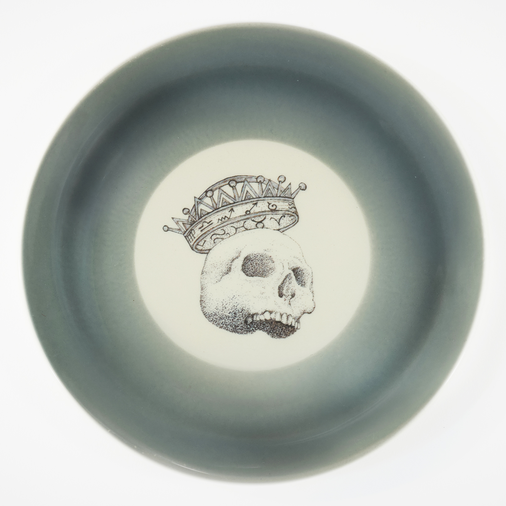 Andrew Nicholls, Saturnian Offering Plate, decal and lustre transfer on repurposed Bristille vitrified porcelain saucer, 15 x 15 x 1.5cm