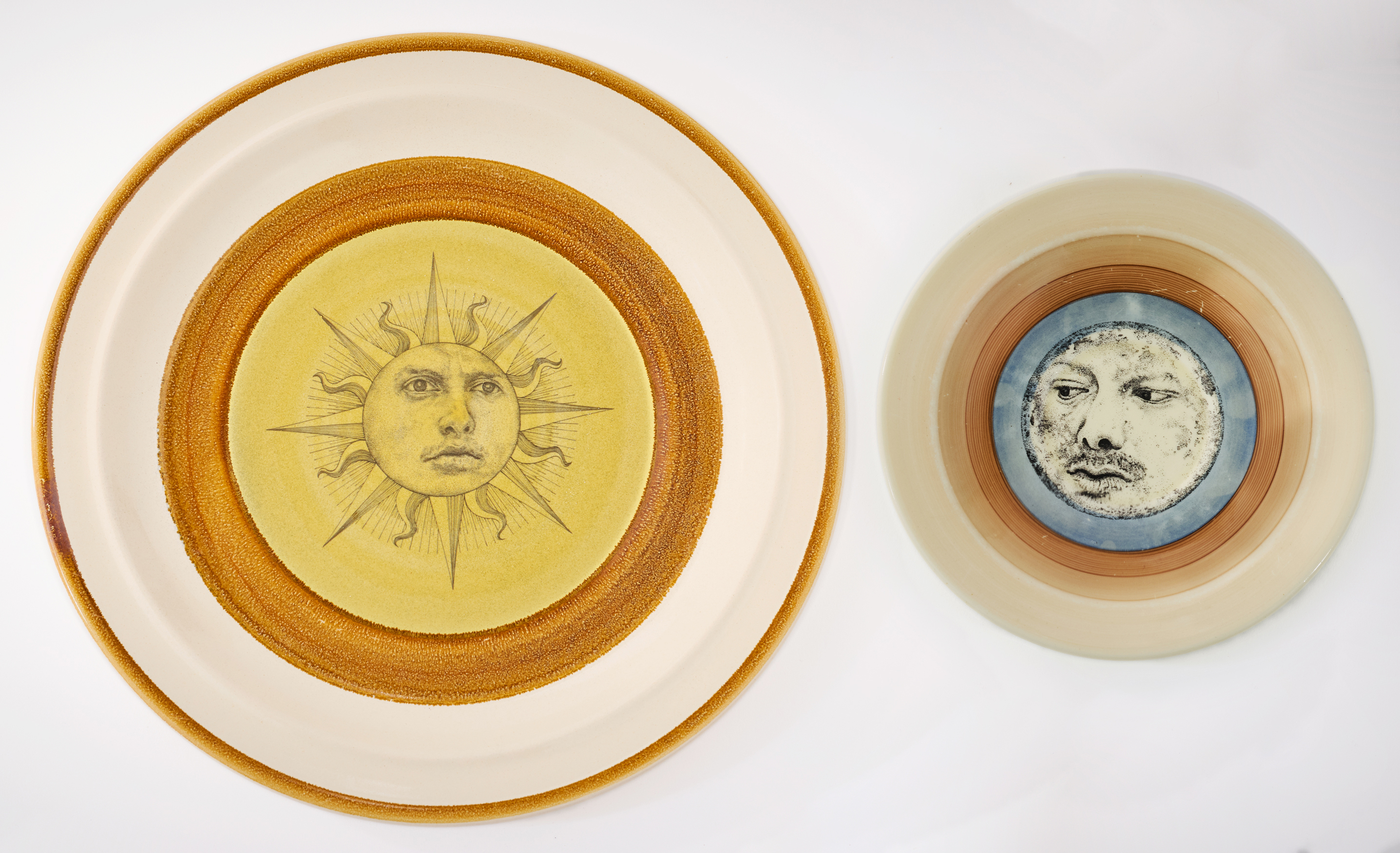 Andrew Nicholls, Sun and Luna Offering Plates (diptych), 2025, Decal transfer on repurposed Stonecrest and Susie Cooper plates, 27.5 x 27.5 x 2.5cm, 15 x 15 x 2cm