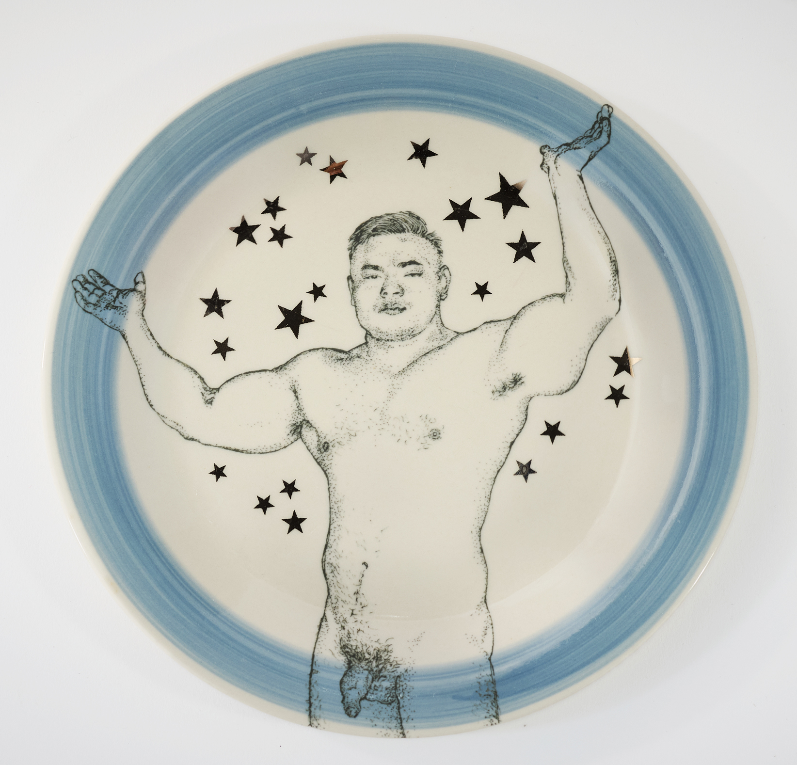Andrew Nicholls, Uranian Offering Plate, 2025, decal and platinum lustre transfer on repurposed Gibson plate, 17.5 x 17.5 x 1.5cm