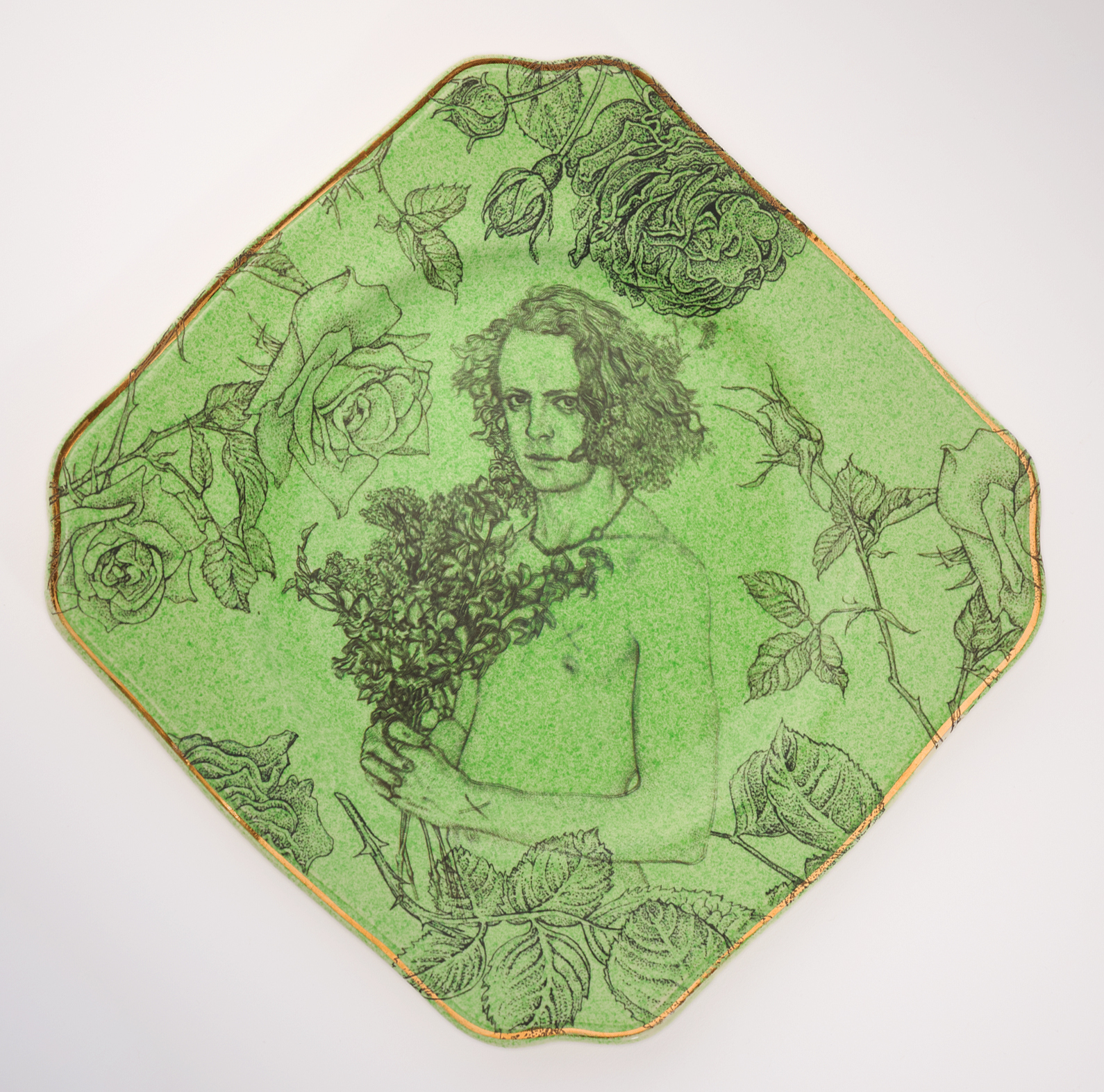 Andrew Nicholls, Venusian Offering Plate, 2025, decal transfer on repurposed Empire plate, 24 x 24 x 1cm