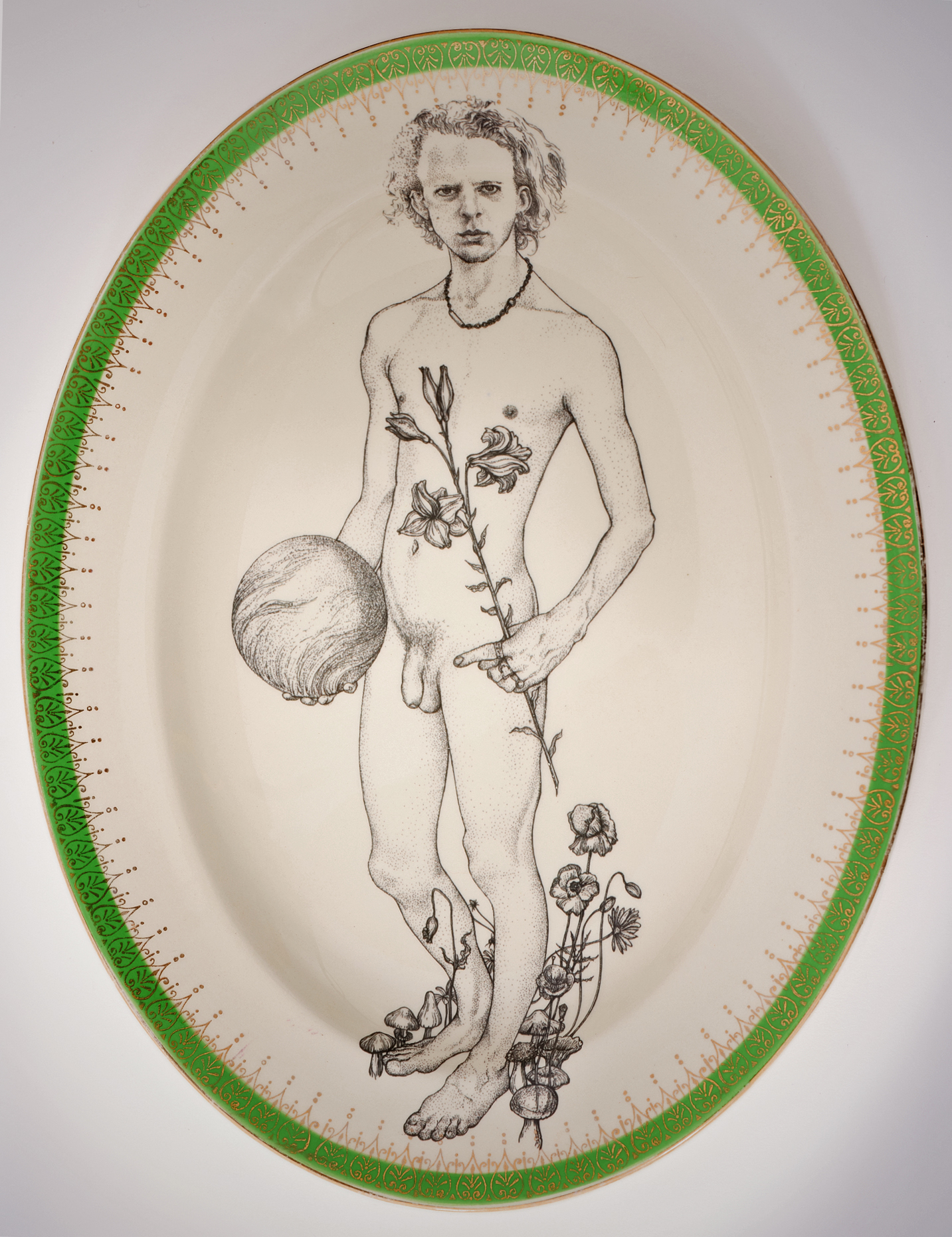 Andrew Nicholls, Venusian Offering Platter, 2025, decal transfer on repurposed Alfred Meakin platter, 31 x 24.5 x 3.5cm