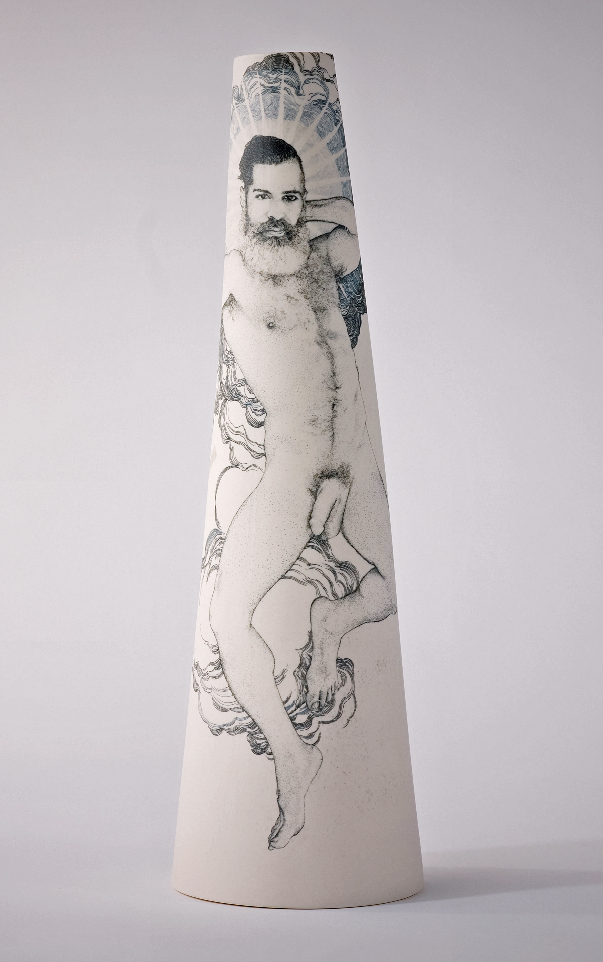 Andrew Nicholls and Sandra Black, Invocation of Jupiter Vase, 2025, decal and platinum lustre transfer on slipcast porcelain (vase by Sandra Black), 33.5 x 10 x 10cm