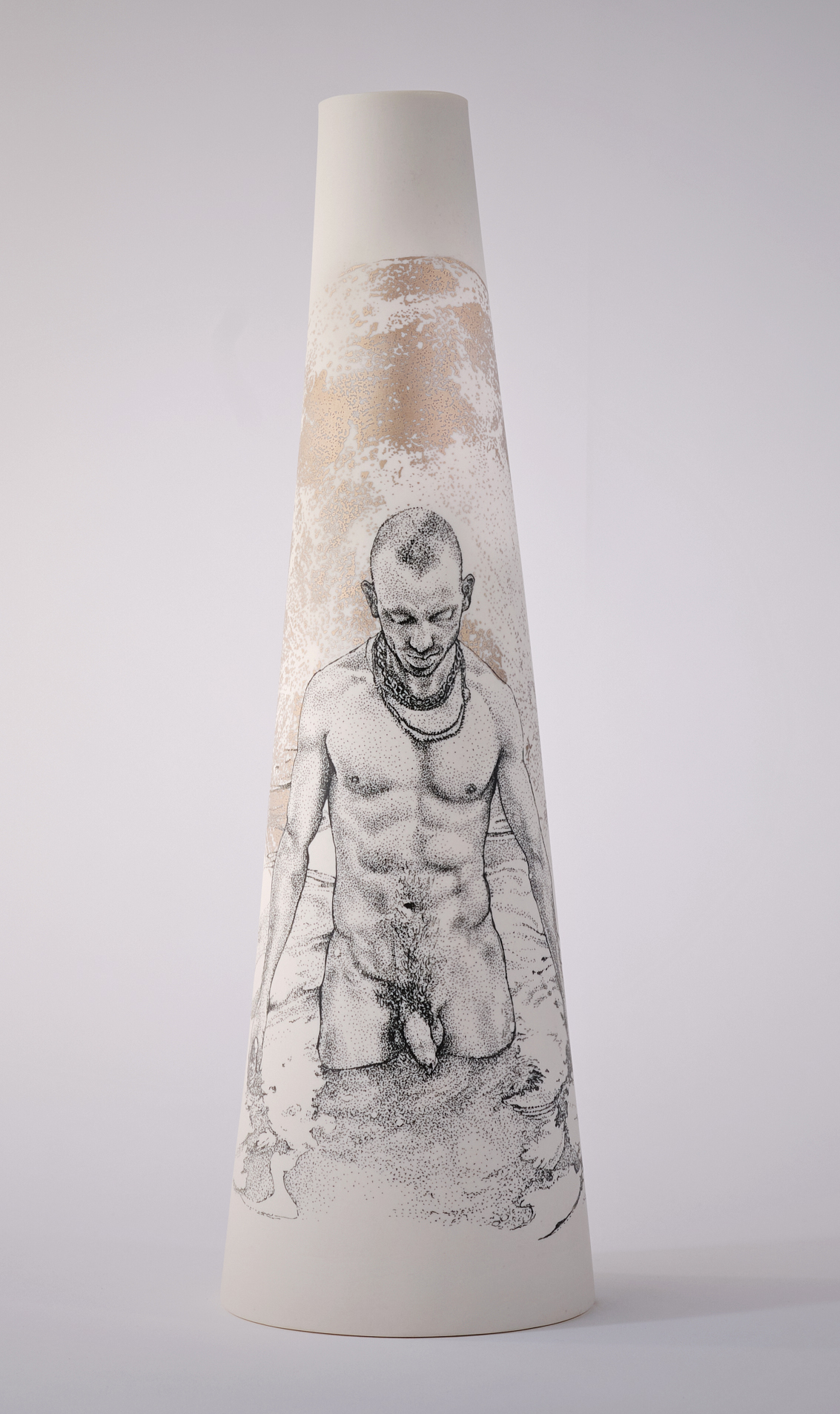 Andrew Nicholls and Sandra Black, Invocation of Luna Vase, 2025, decal and platinum lustre transfer on slipcast porcelain (vase by Sandra Black), 34 x 10 x 19cm