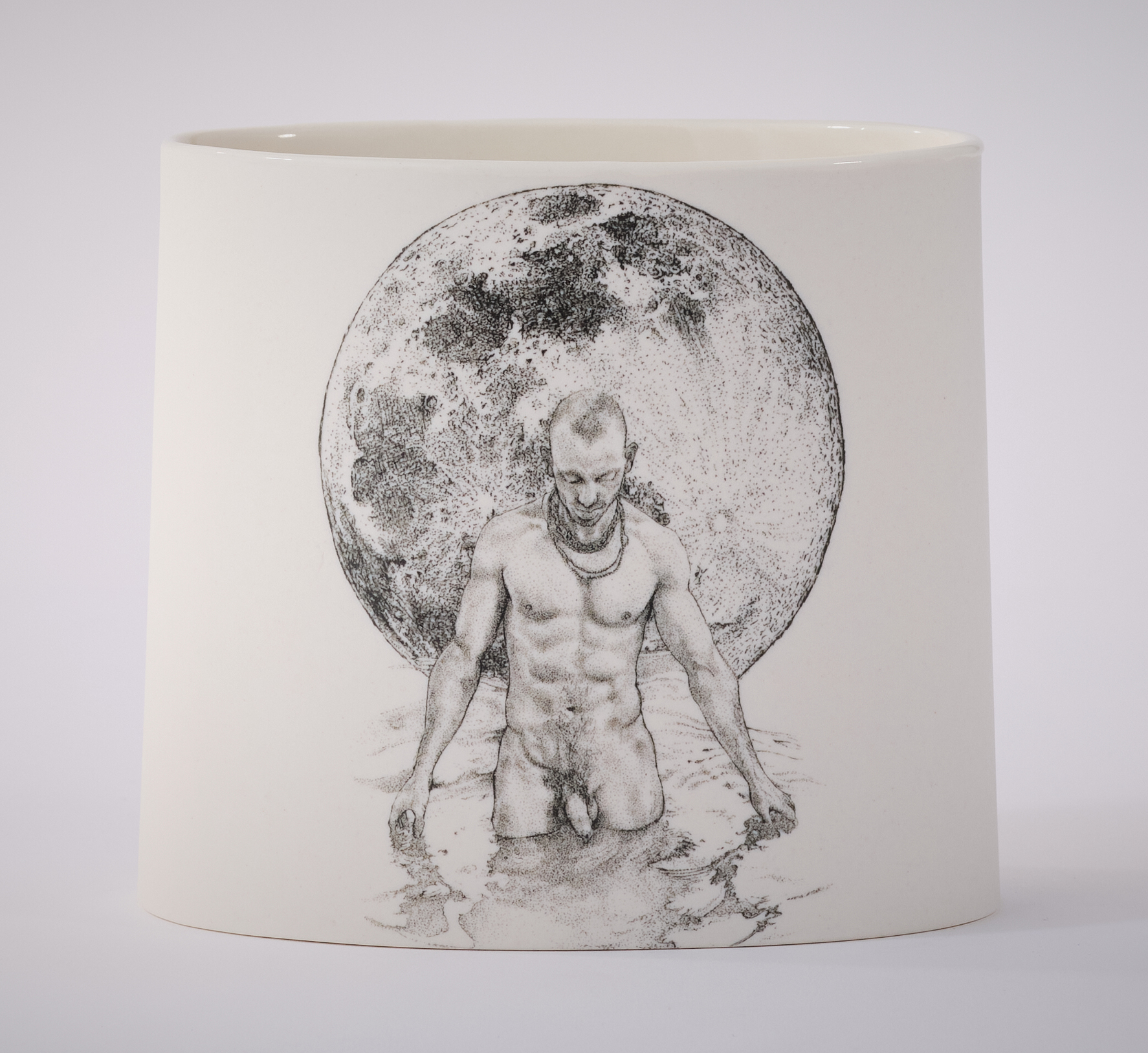 Andrew Nicholls and Sandra Black, Invocation of Luna Vase, 2025, decal transfer on procelain (vase by Sandra Black), 13 x 14 x 8.5cm