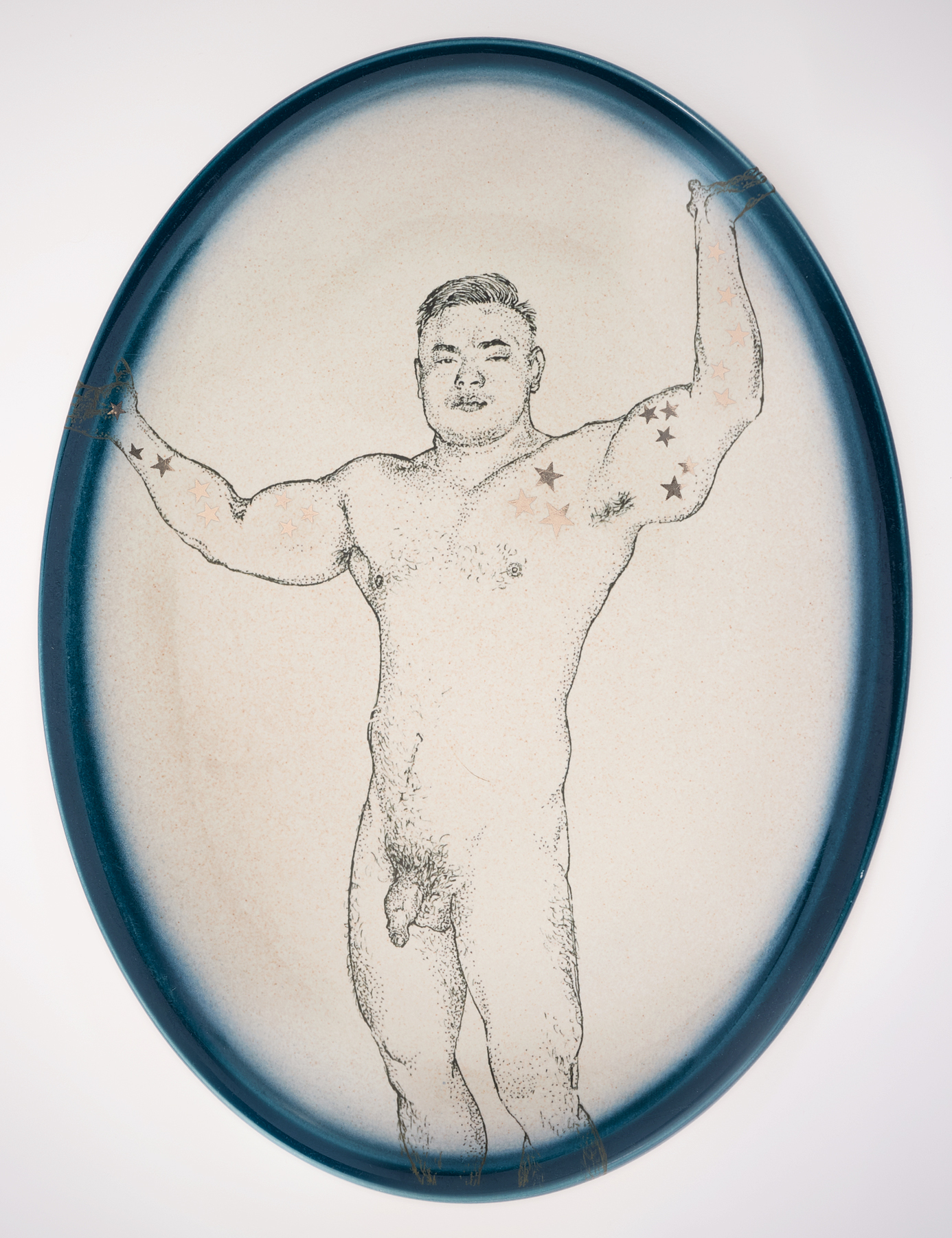 Andrew Nicholls, Uranian Offering Platter, 2025, decal and platinum luster transfer on repurposed Wedgwood platter, 30 x 23 x 2cm