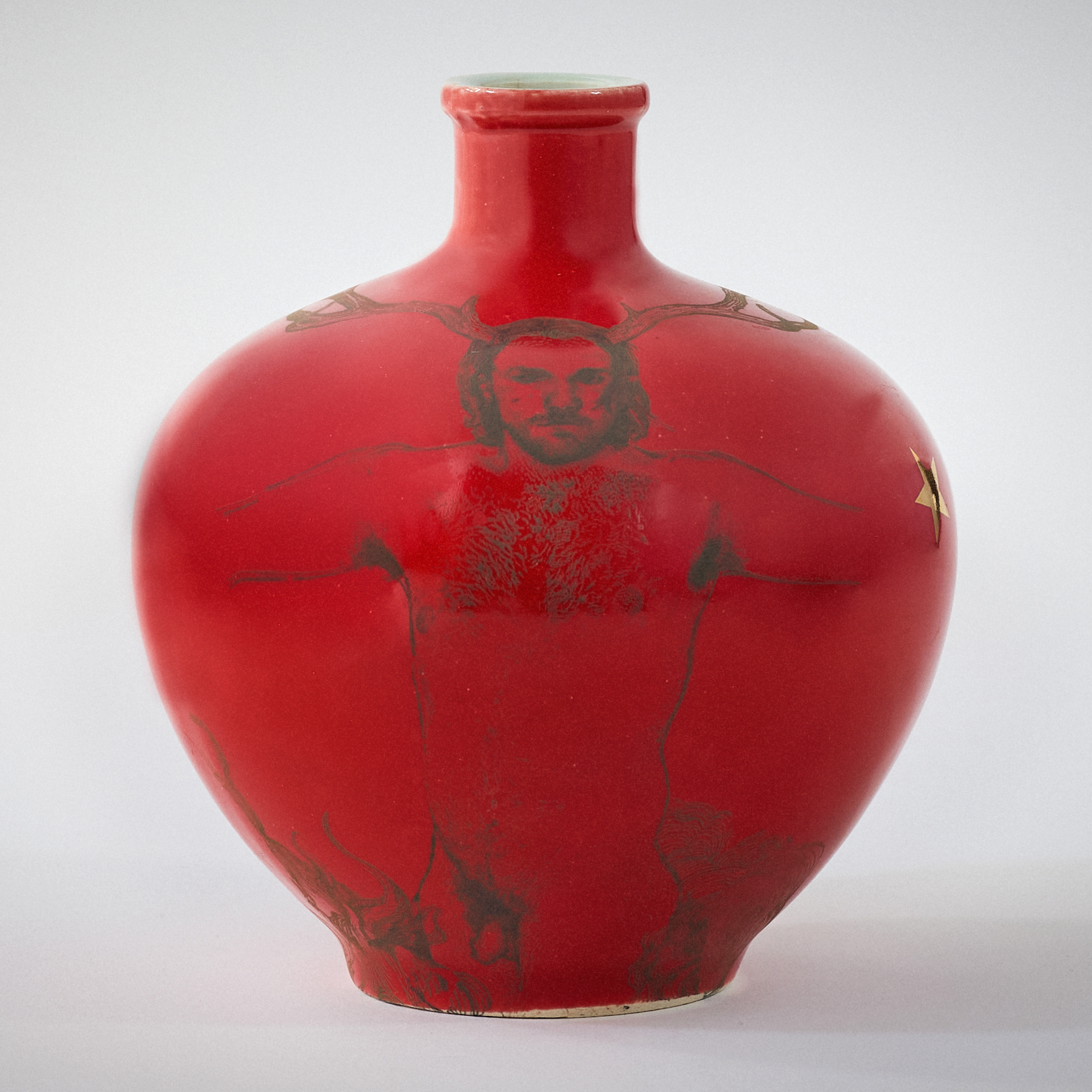 Andrew Nicholls, Invocation of Mars Bottle, 2025, decal and gold lustre transfers on found Jingdezhan porcelain, 14.5 x 13 x 13cm