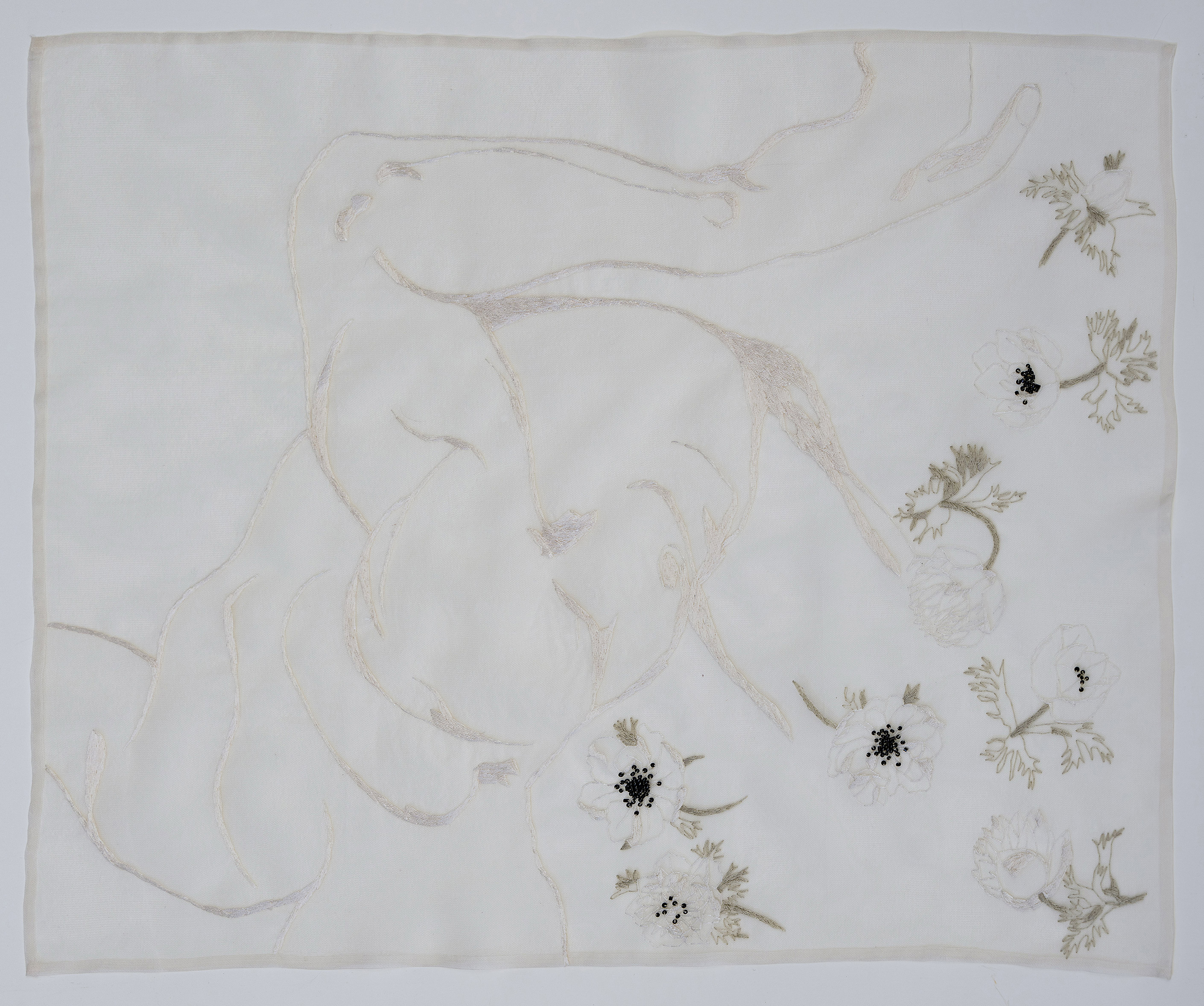 Elisa Markes-Young, Anemone coronaria L., 2024, silk and cotton thread, sequins, glass beads and bugles on silk organza and tulle, 46 x 60cm