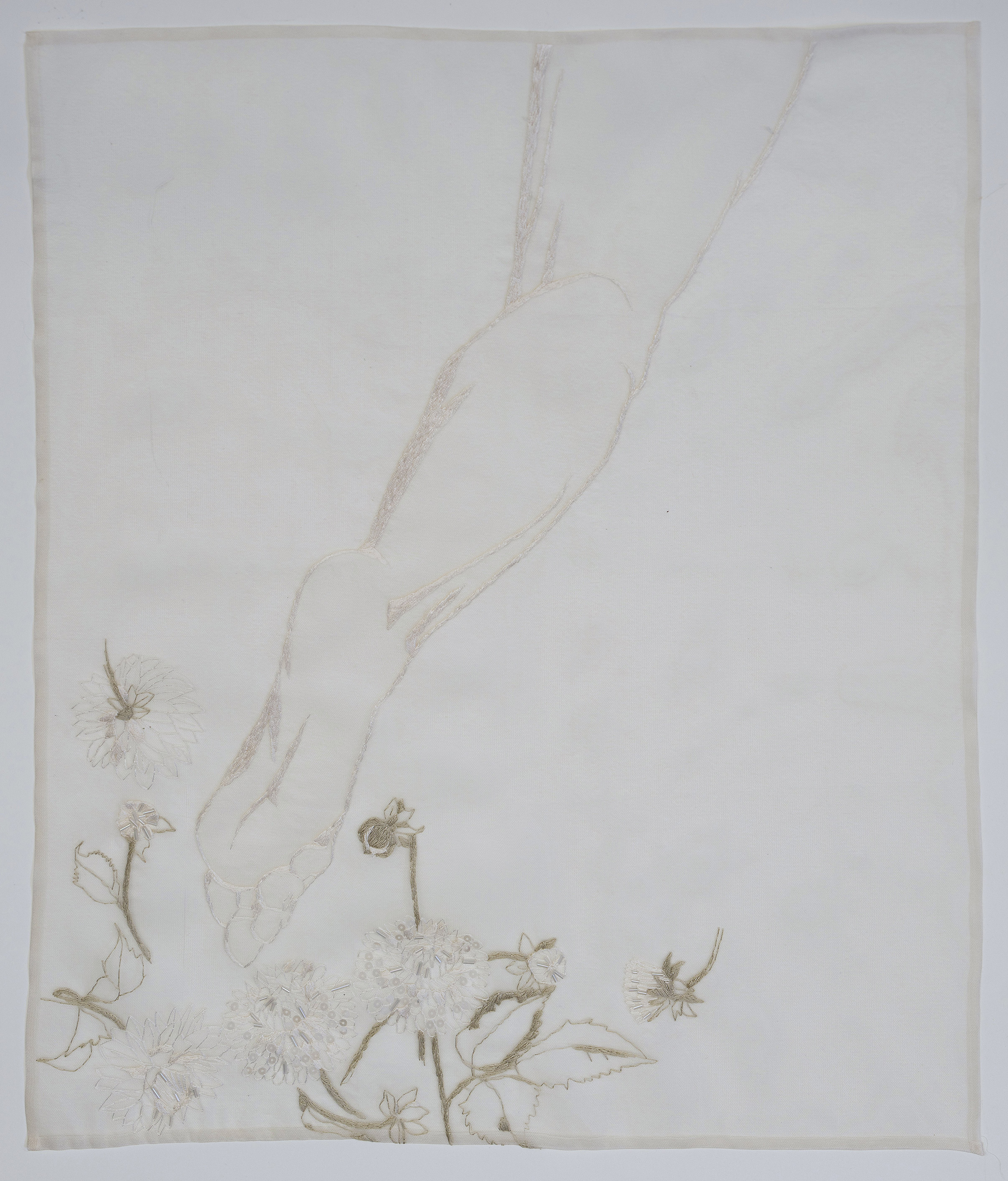 Elisa Markes-Young, Dhalia hybrida hort., 2024, silk and cotton thread, sequins, glass beads and bugles on silk organza and tulle, 60 x 46cm