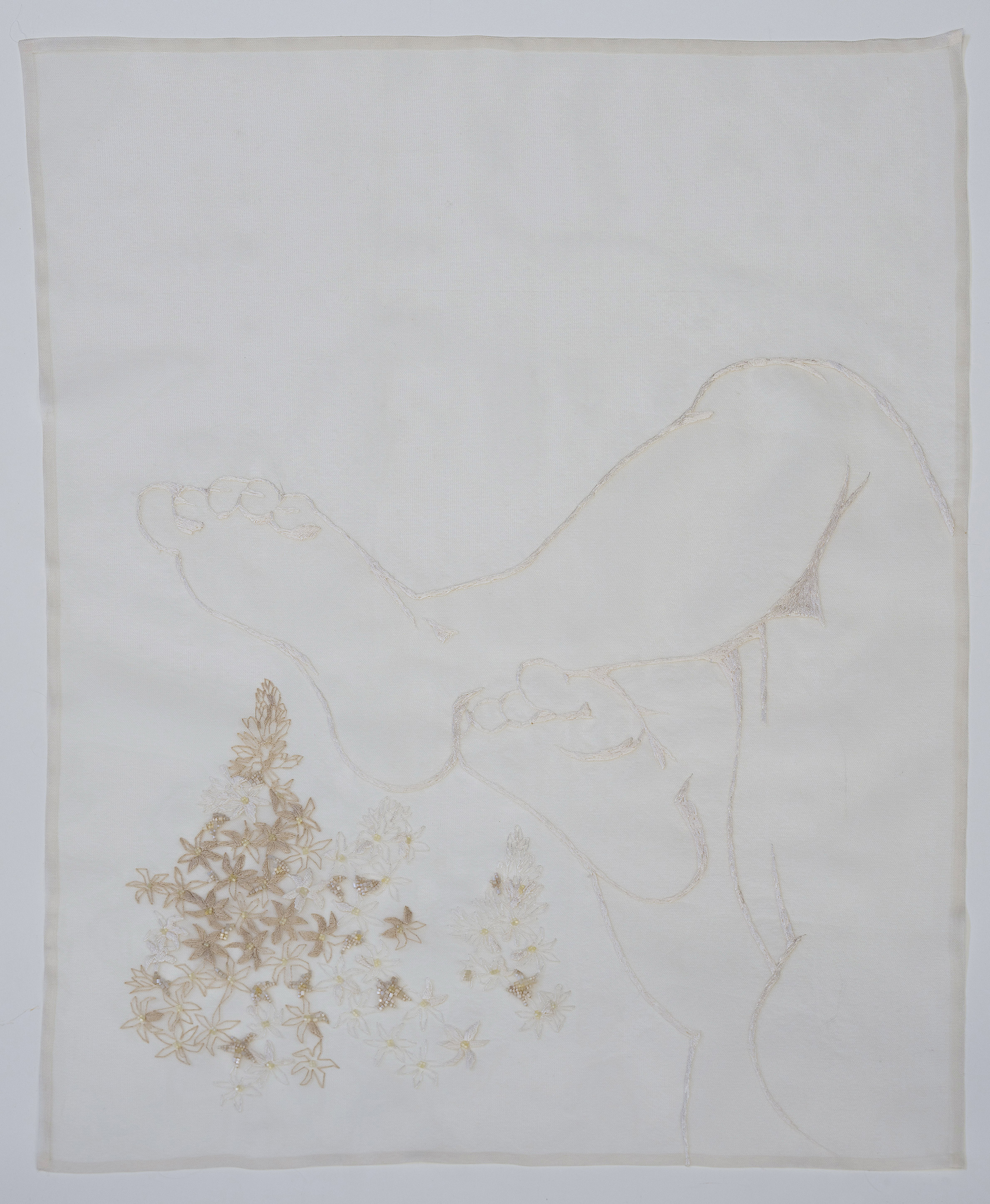 Elisa Markes-Young, Hyacinthis orientalis L., 2024, silk and cotton thread, sequins, glass beads and bugles on silk organza and tulle, 60 x 46cm