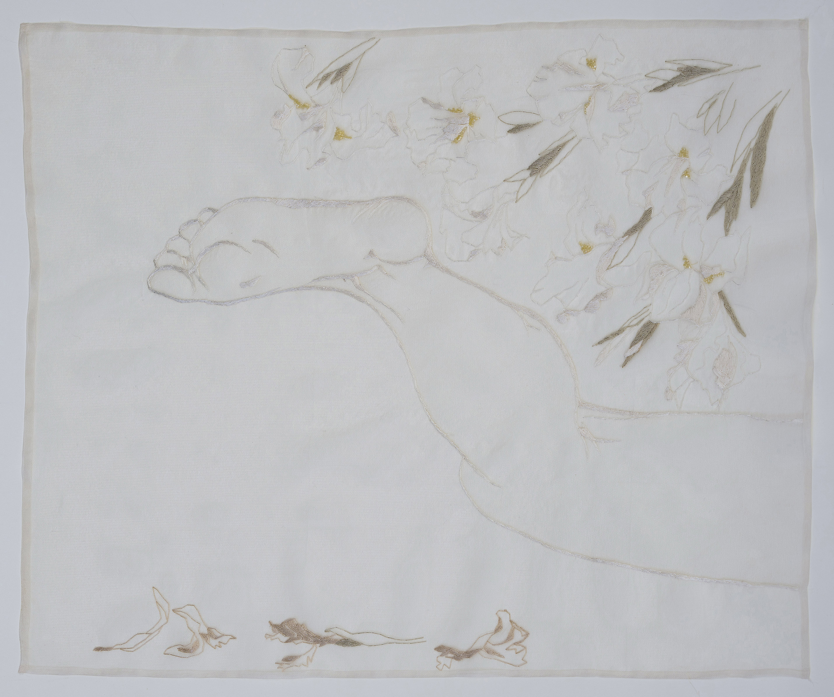 Elisa Markes-Young, Iris aphylla L., 2024, silk and cotton thread, sequins, glass beads and bugles on silk organza and tulle,  46 x 60cm