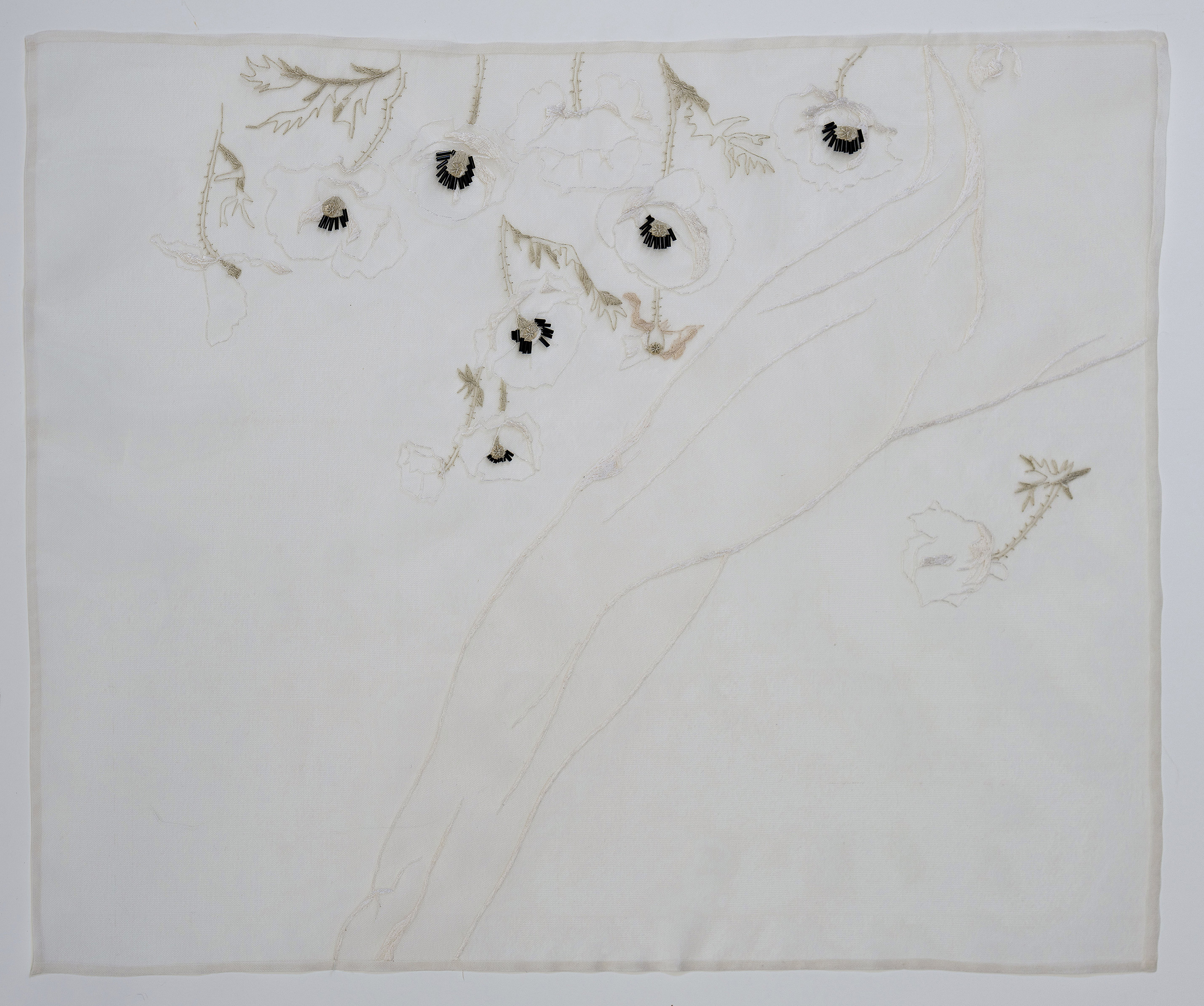 Elisa Markes-Young, Papaver rhoeas L., 2024, silk and cotton thread, sequins, glass beads and bugles on silk organza and tulle,  46 x 60cm