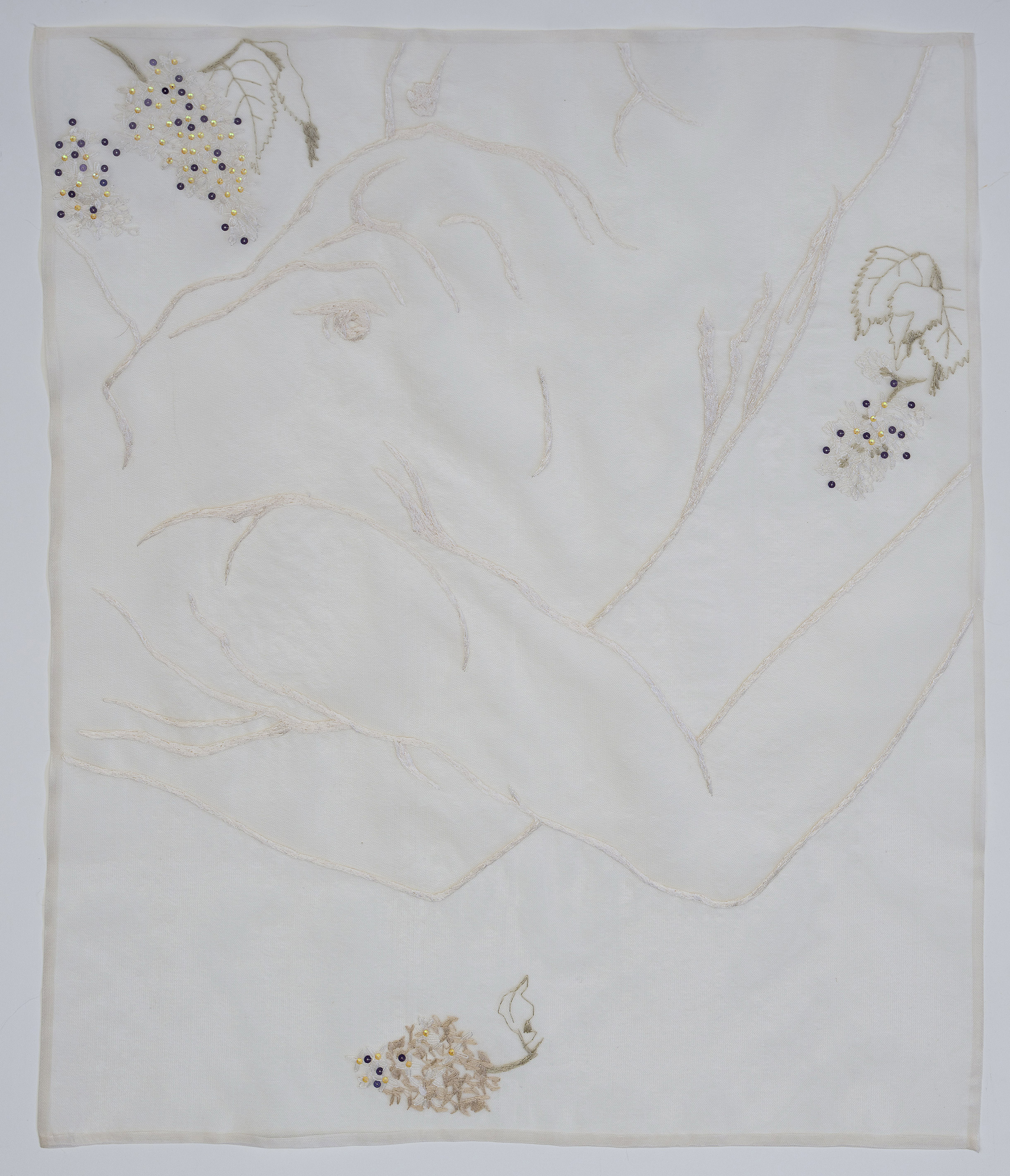 Elisa Markes-Young, Syringa vulgaris L., 2024, silk and cotton thread, sequins, glass beads and bugles on silk organza and tulle, 60 x 46cm