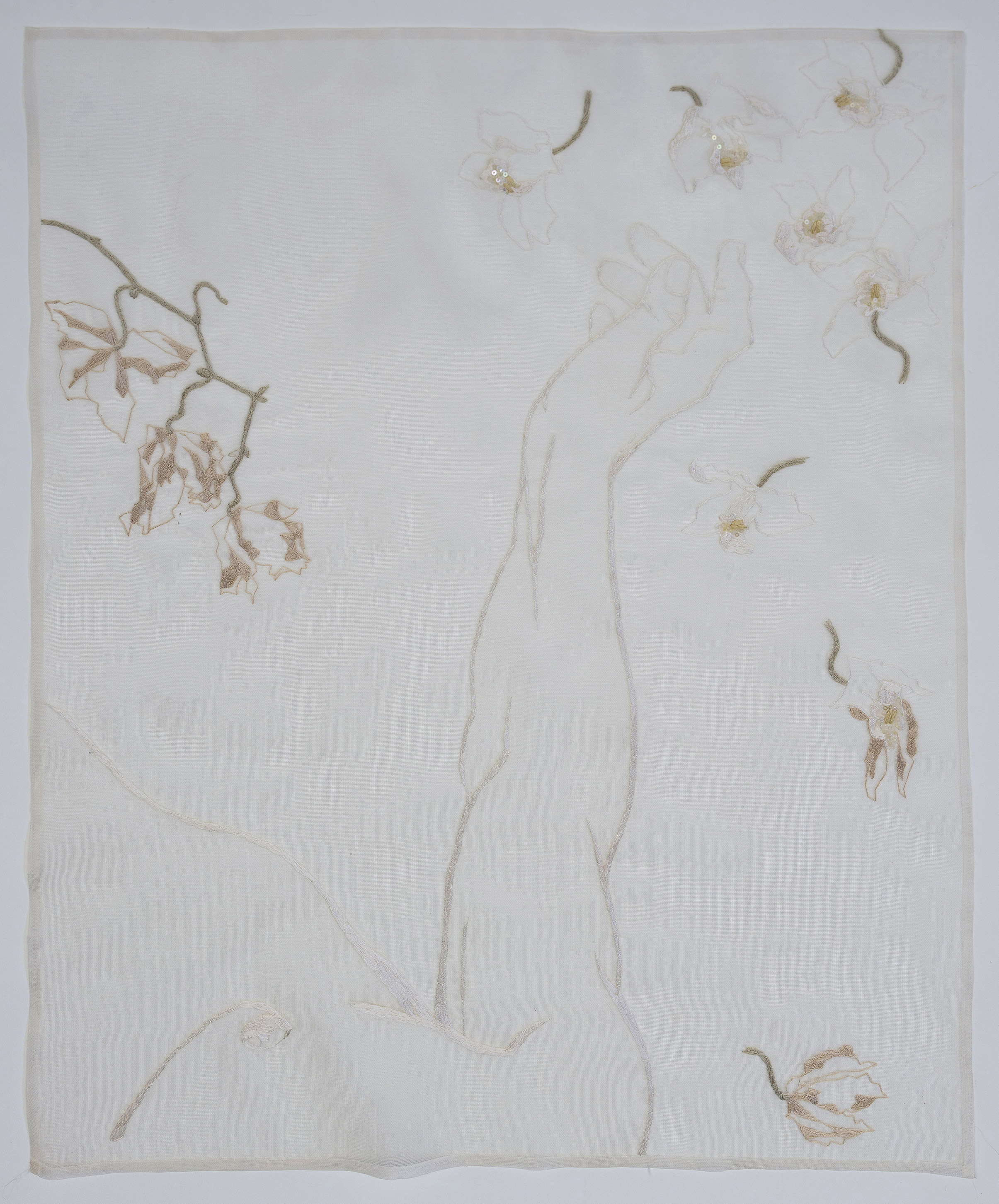 Elisa Markes-Young, Phalaenopsis Blume, 2024, silk and cotton thread, sequins, glass beads and bugles on silk organza and tulle,  60 x 46cm