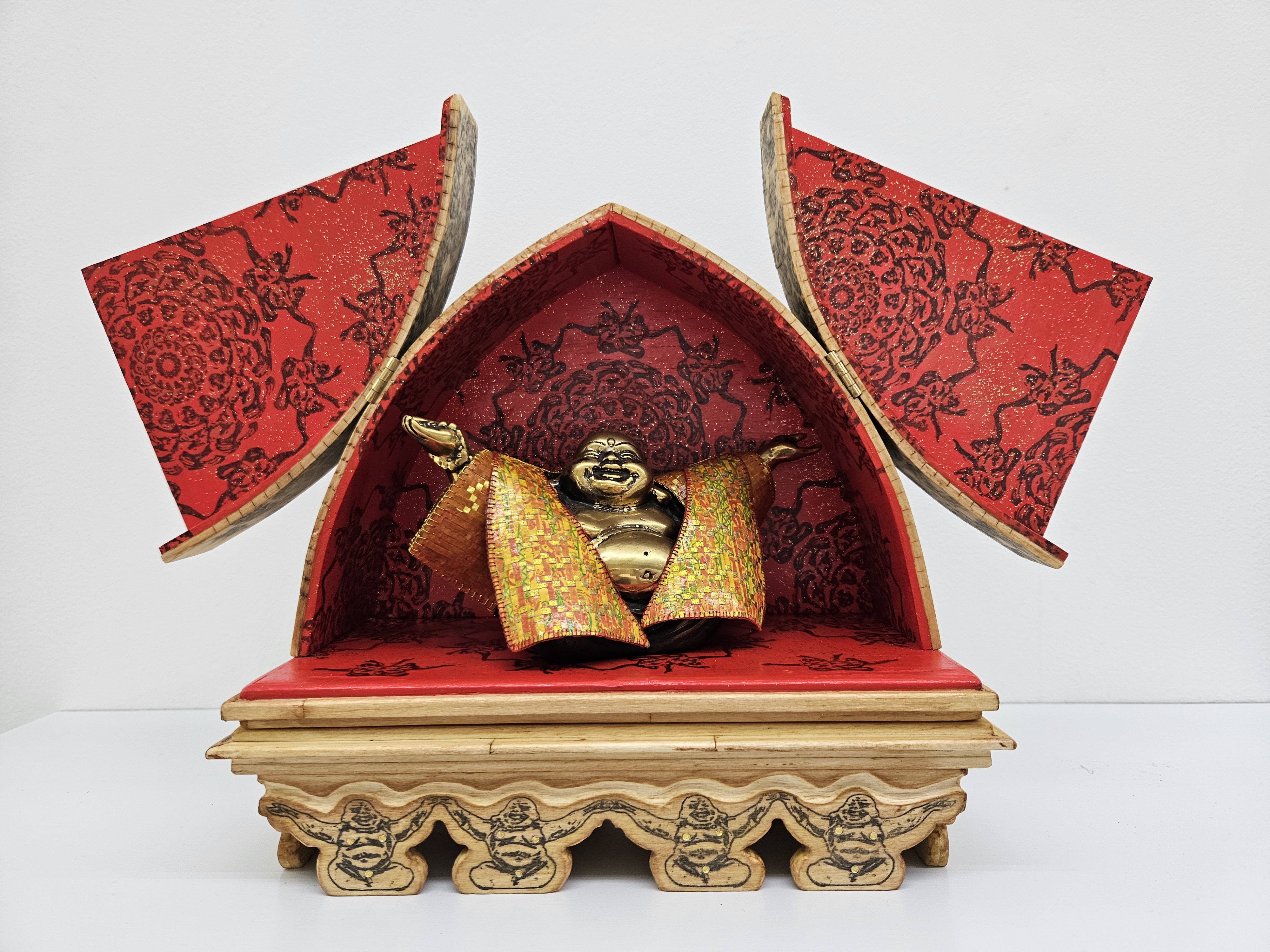 Jacky Cheng, Mr. Nice Guy, 2025, repurposed object, joss papers, balsa wood, acrylic paint, solvent transfer and wood stain, 20.3 x 22 x 11.5cm