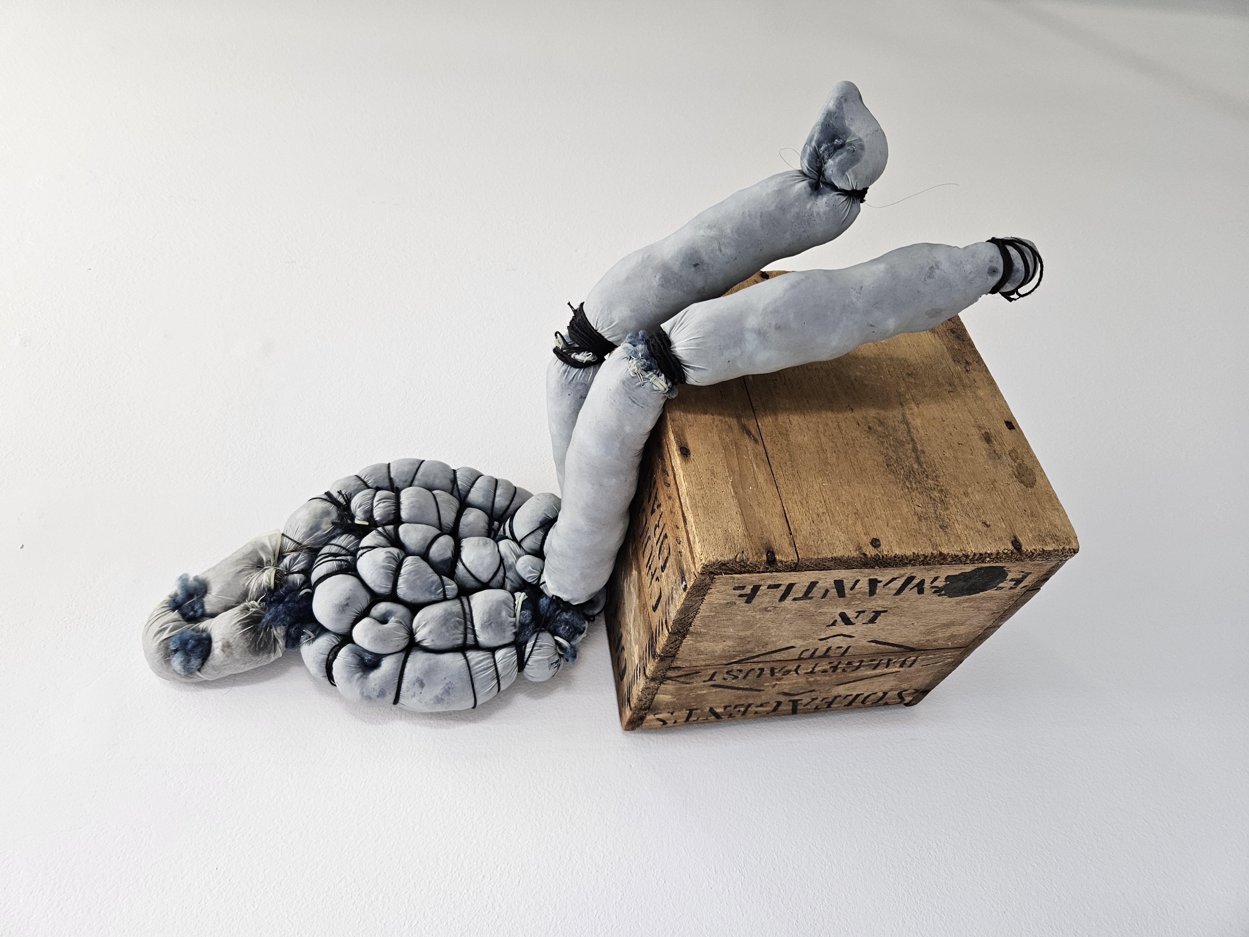 Nalda Searles, Wounded Warrior with Undescended Testical, 2025, condoms (latex), sheep's wool dyed with indigo, artist's hair, cotton and linen thread, wood, 47 x 20 x 33cm,