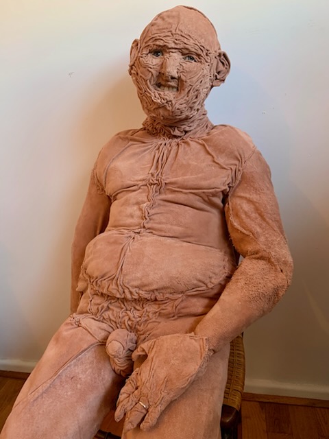 Theo Costantino, Bridegroom, 2025, acrylic paint, leather, cardboard and cotton, 150 x 55 x 55cm