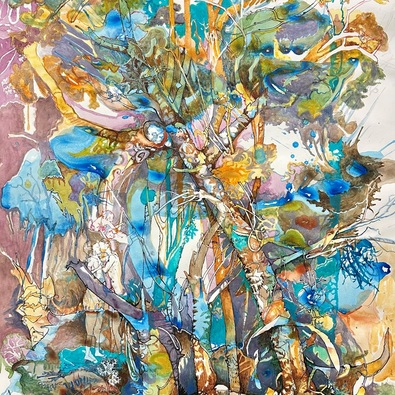 Antony Muia, Tree of Knowledge (detail), 2025, pencil, ink and watercolour on paper, 121 x 82cm