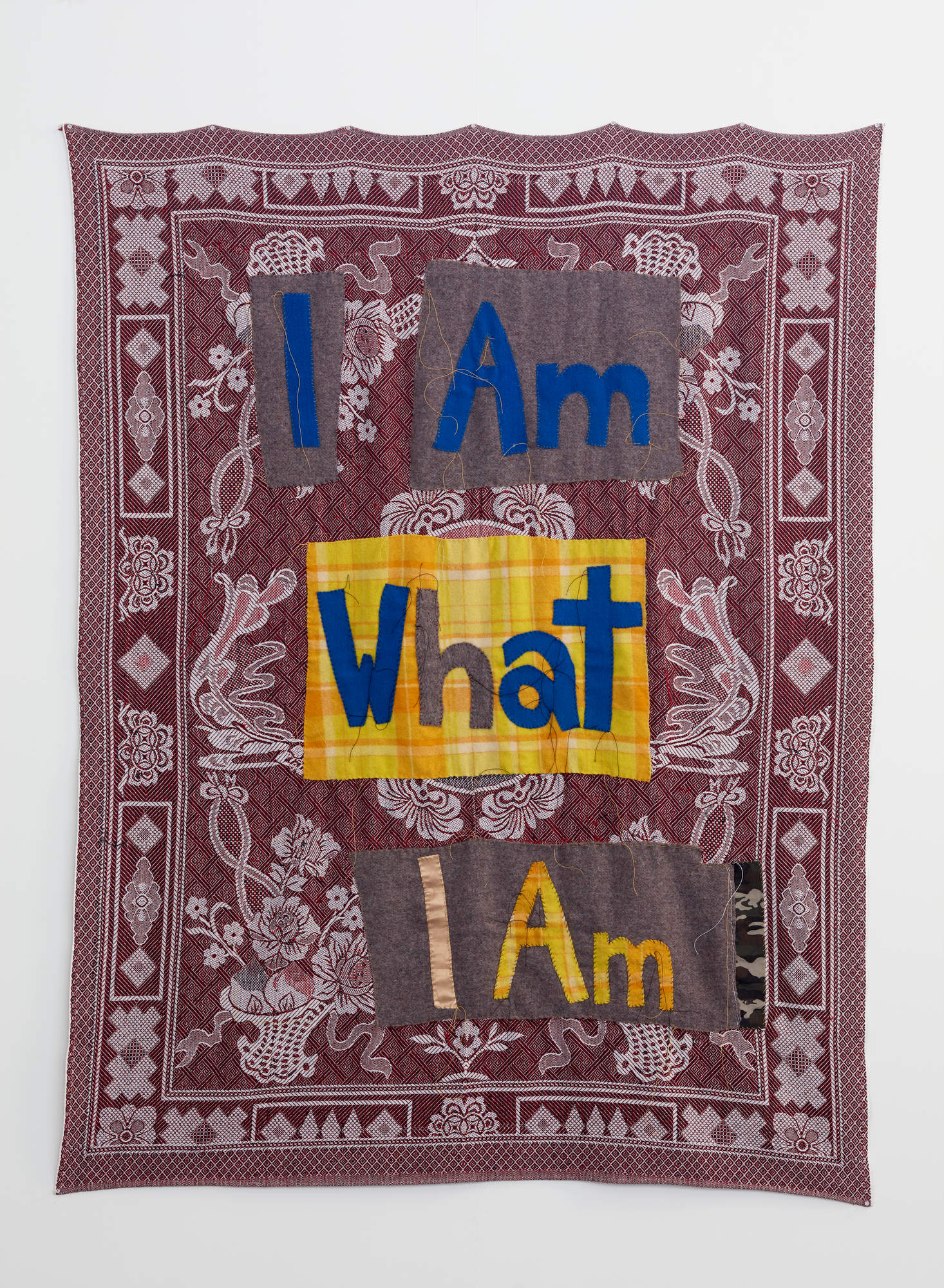 Olga Cironis, I Am What I Am, 2020, repurposed domestic cloths. woollen blankets and cotton thread, 189 x 143cm