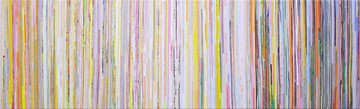 Eveline Kotai, Inside Forest 3, 2025, paint, linen and polyester thread on canvas, 46 x 153cm